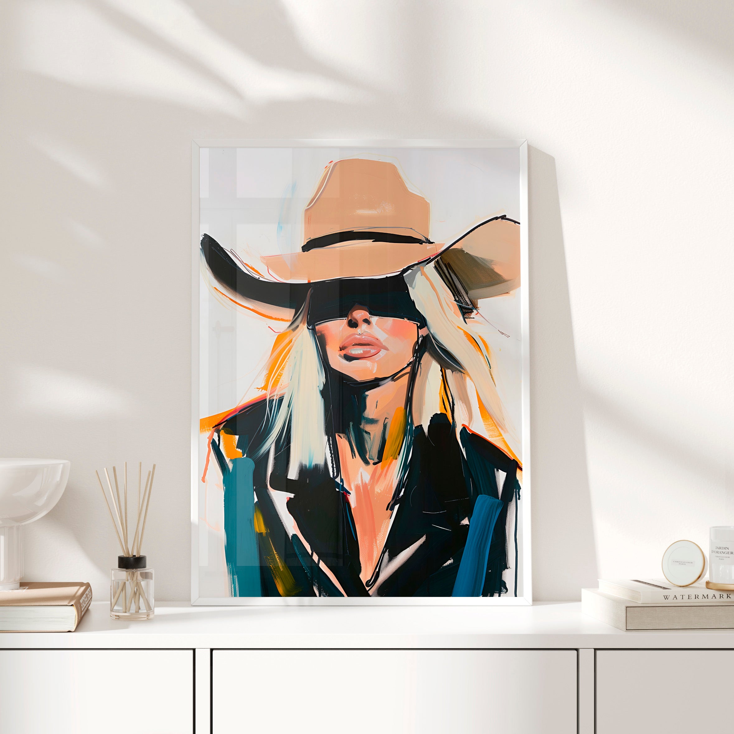 Framed Paper Print - Blindfolded Cowgirl Charm