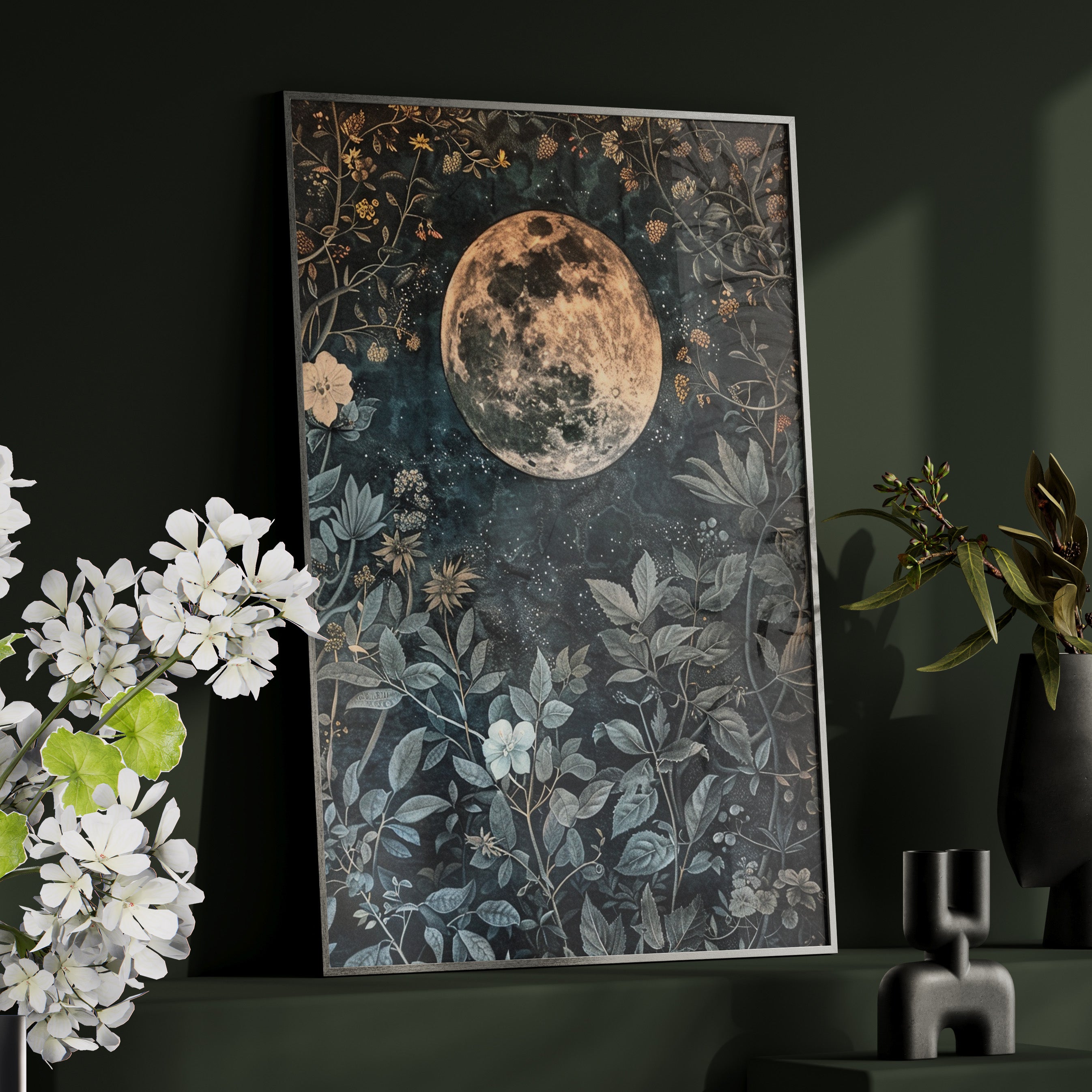 Framed Paper Print - Midnight Moonlit Garden