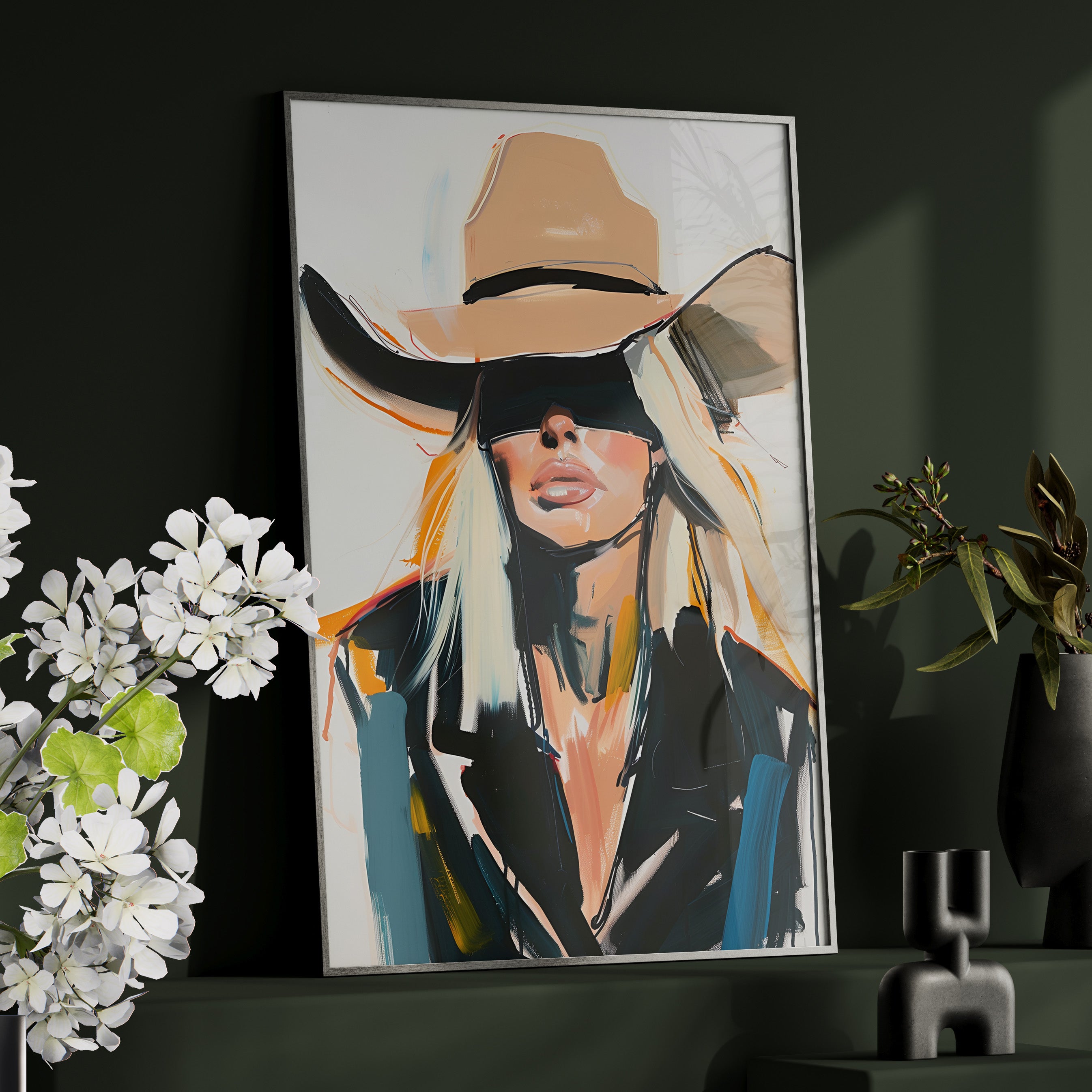 Framed Paper Print - Blindfolded Cowgirl Charm
