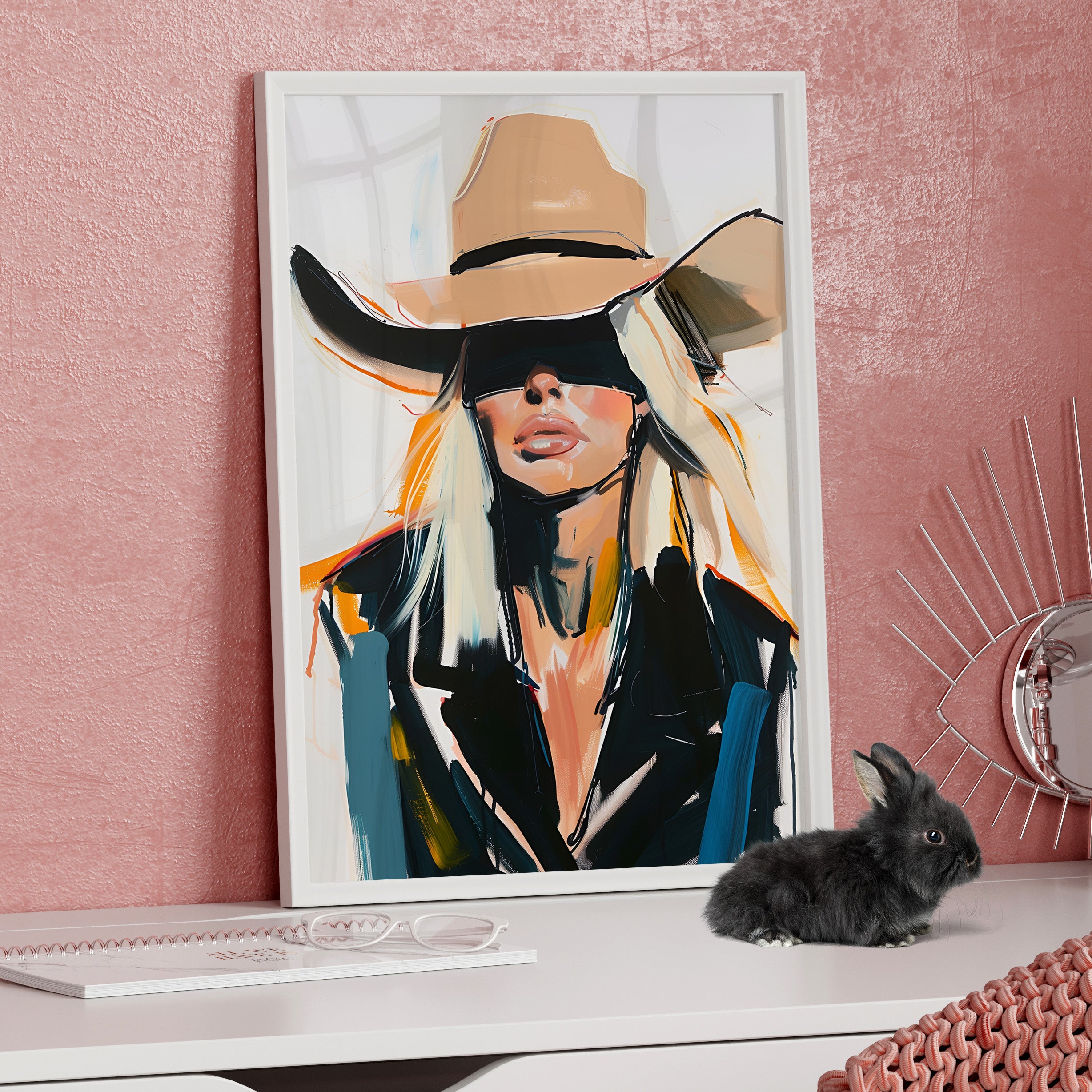 Framed Paper Print - Blindfolded Cowgirl Charm