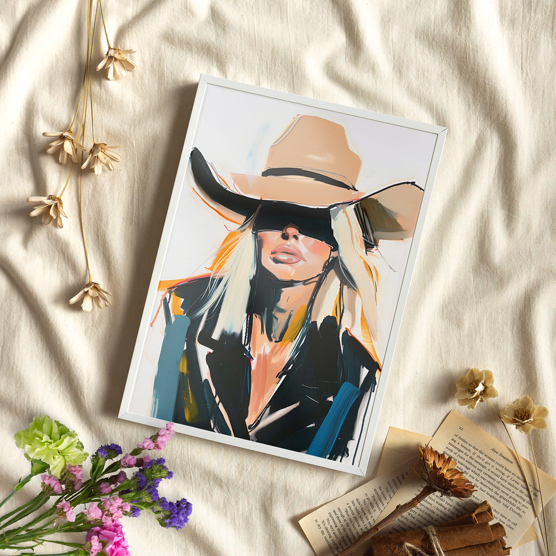 Framed Paper Print - Blindfolded Cowgirl Charm