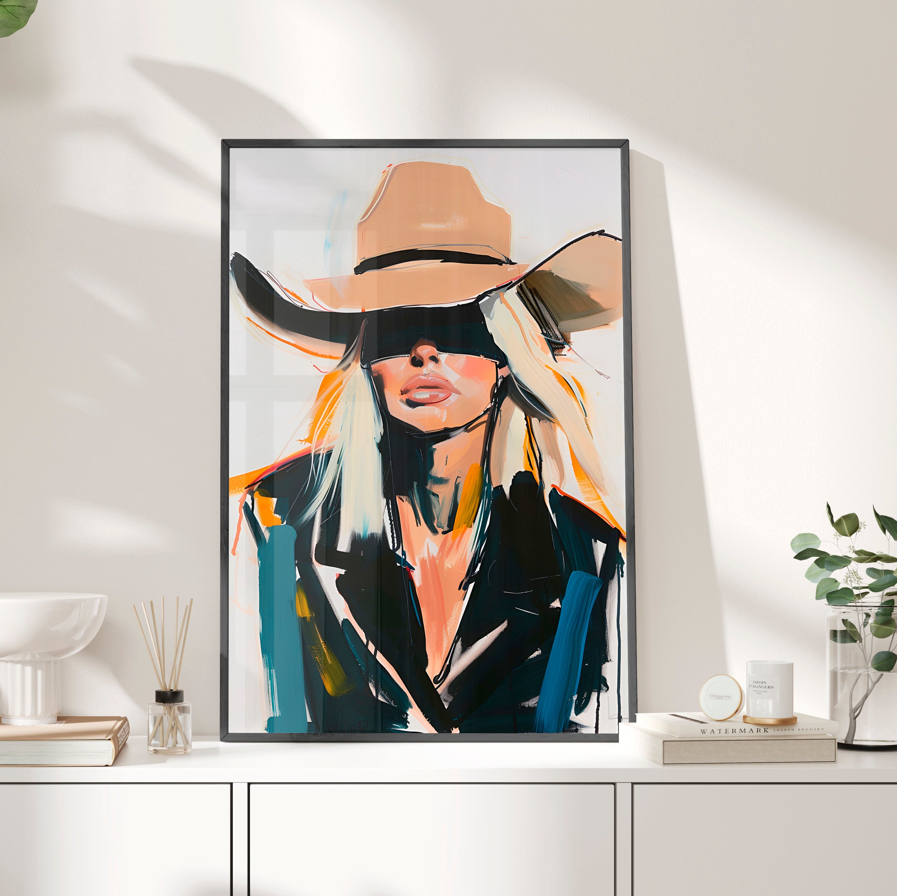Framed Paper Print - Blindfolded Cowgirl Charm