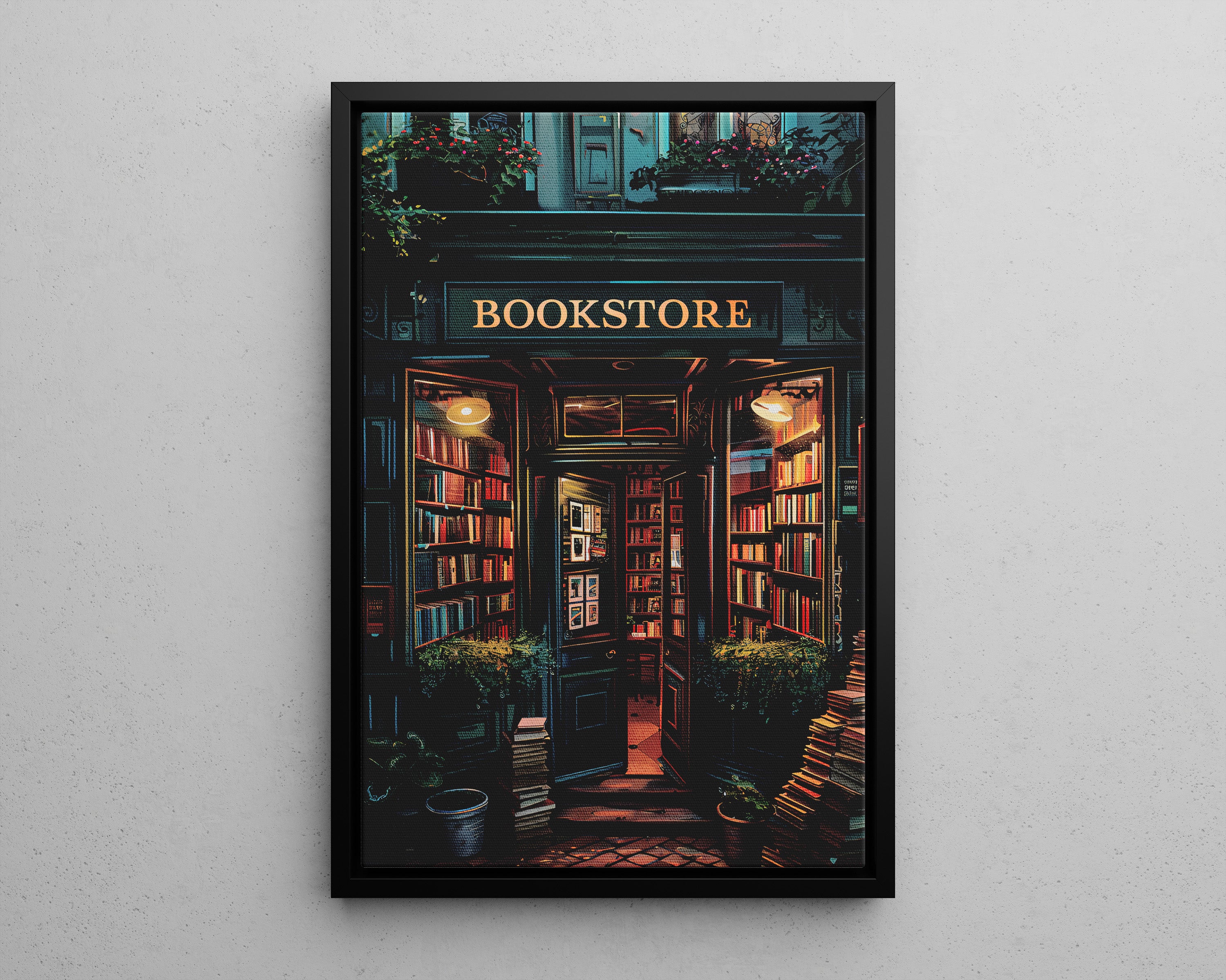 Framed Canvas - Midnight Bookstore Glow