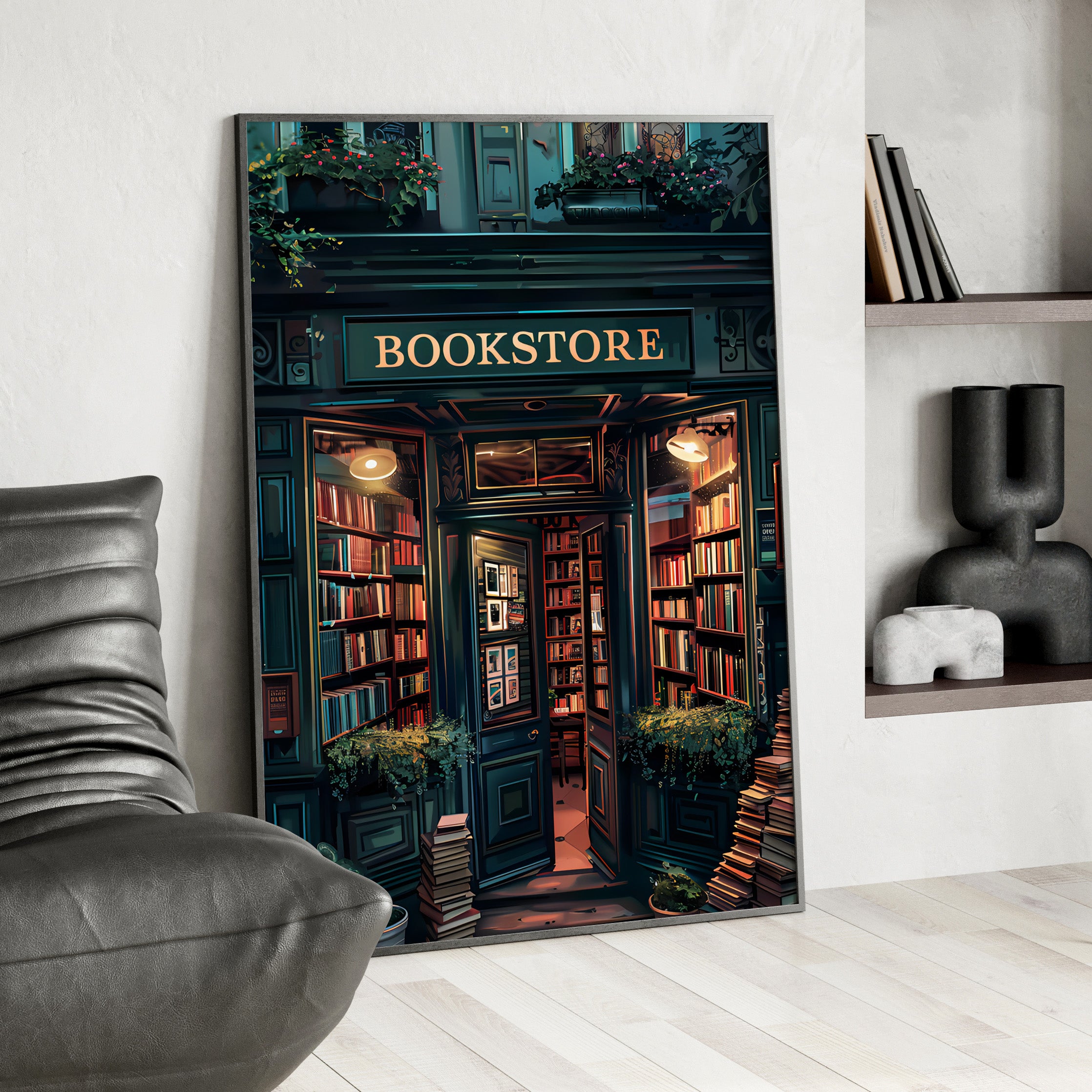 Framed Paper Print - Midnight Bookstore Glow