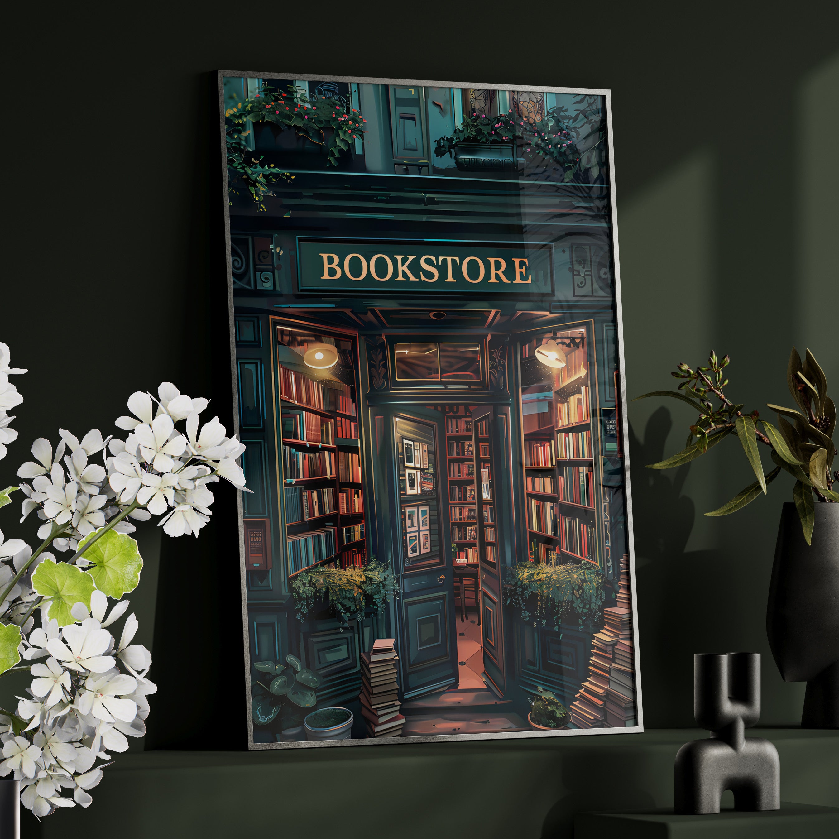 Framed Paper Print - Midnight Bookstore Glow