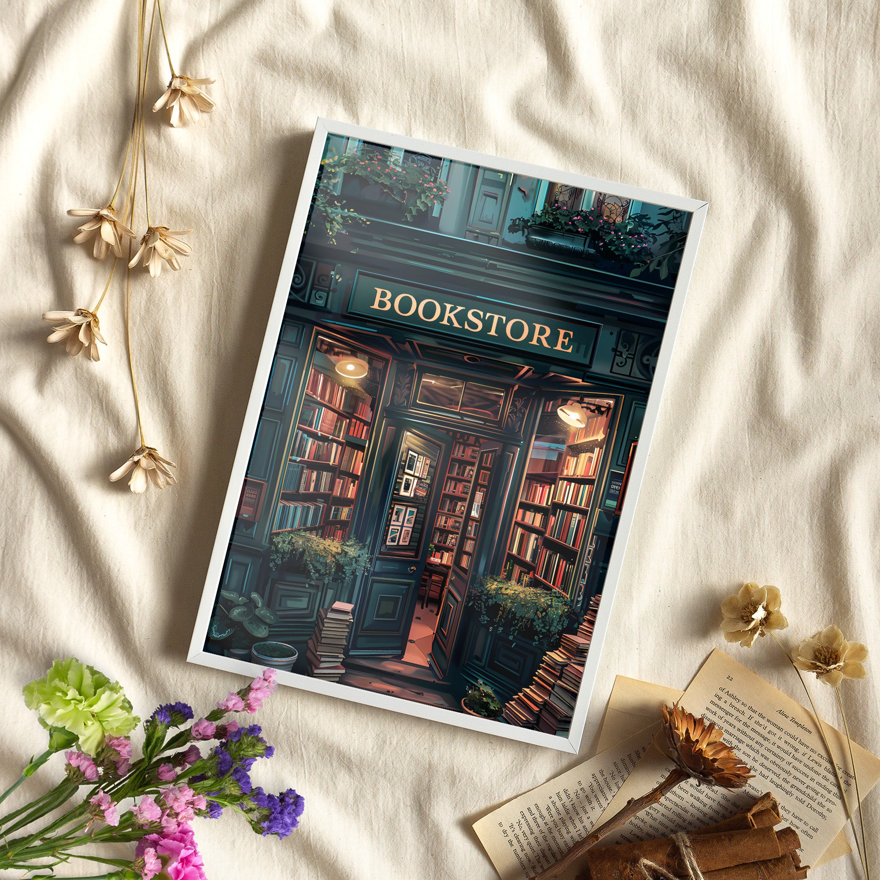 Framed Paper Print - Midnight Bookstore Glow