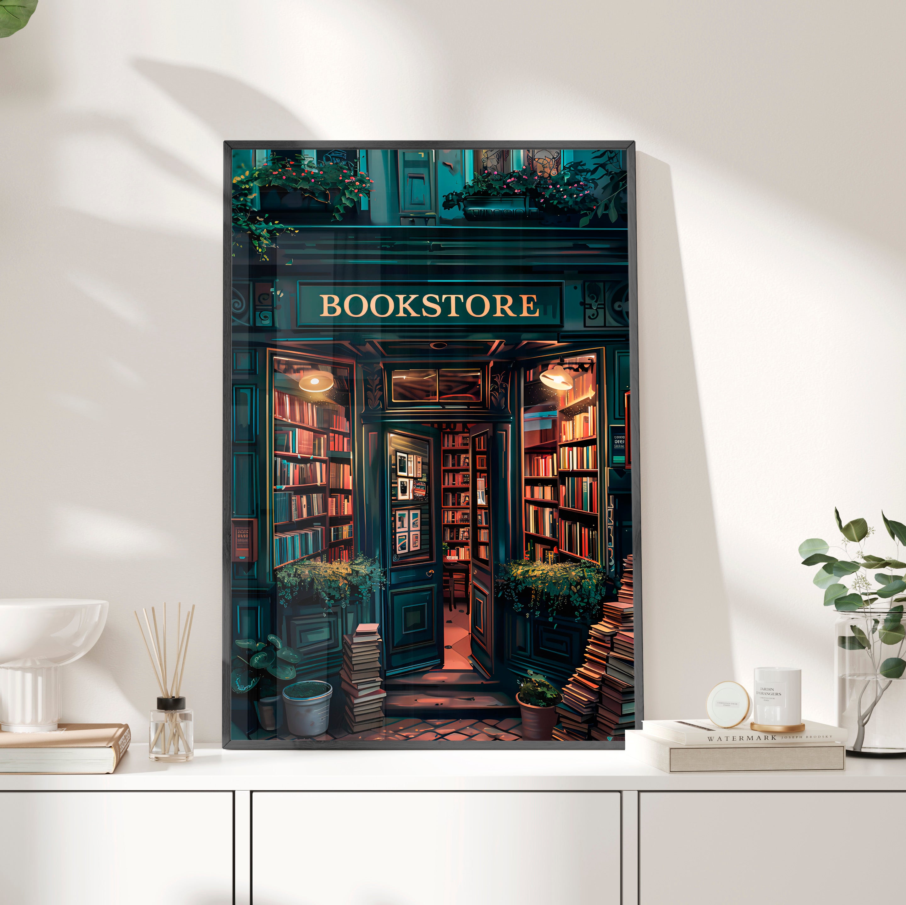 Framed Paper Print - Midnight Bookstore Glow