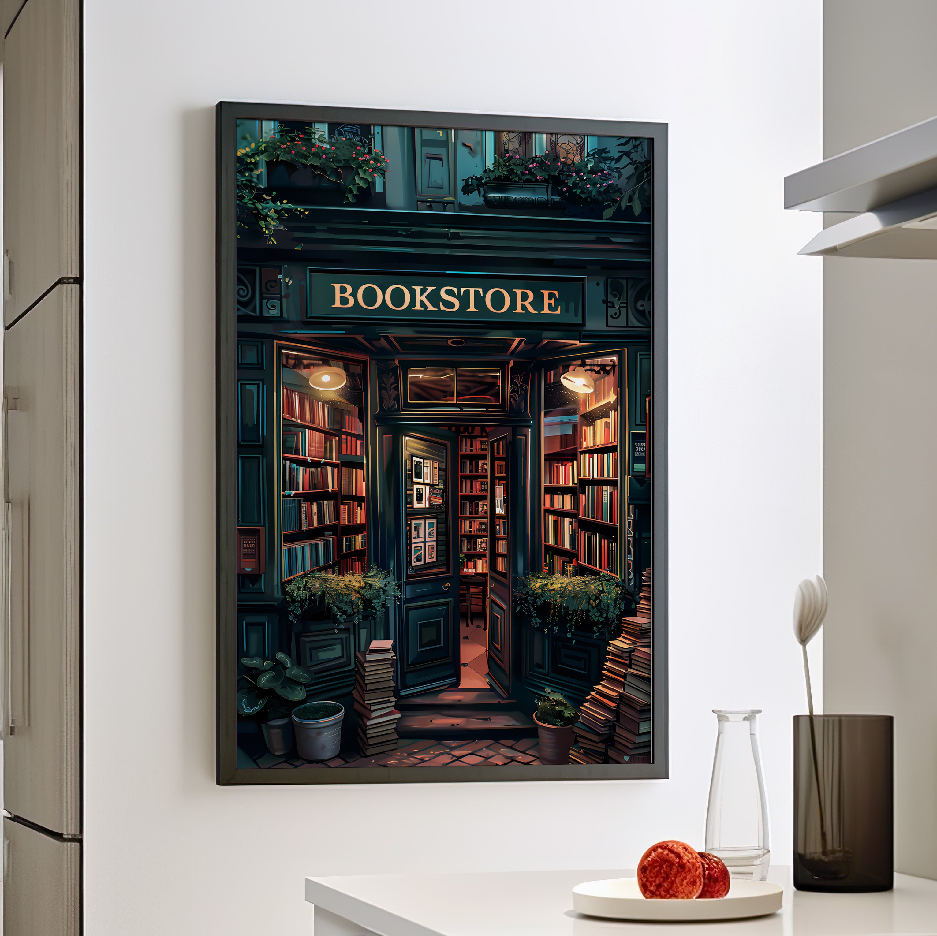 Framed Paper Print - Midnight Bookstore Glow