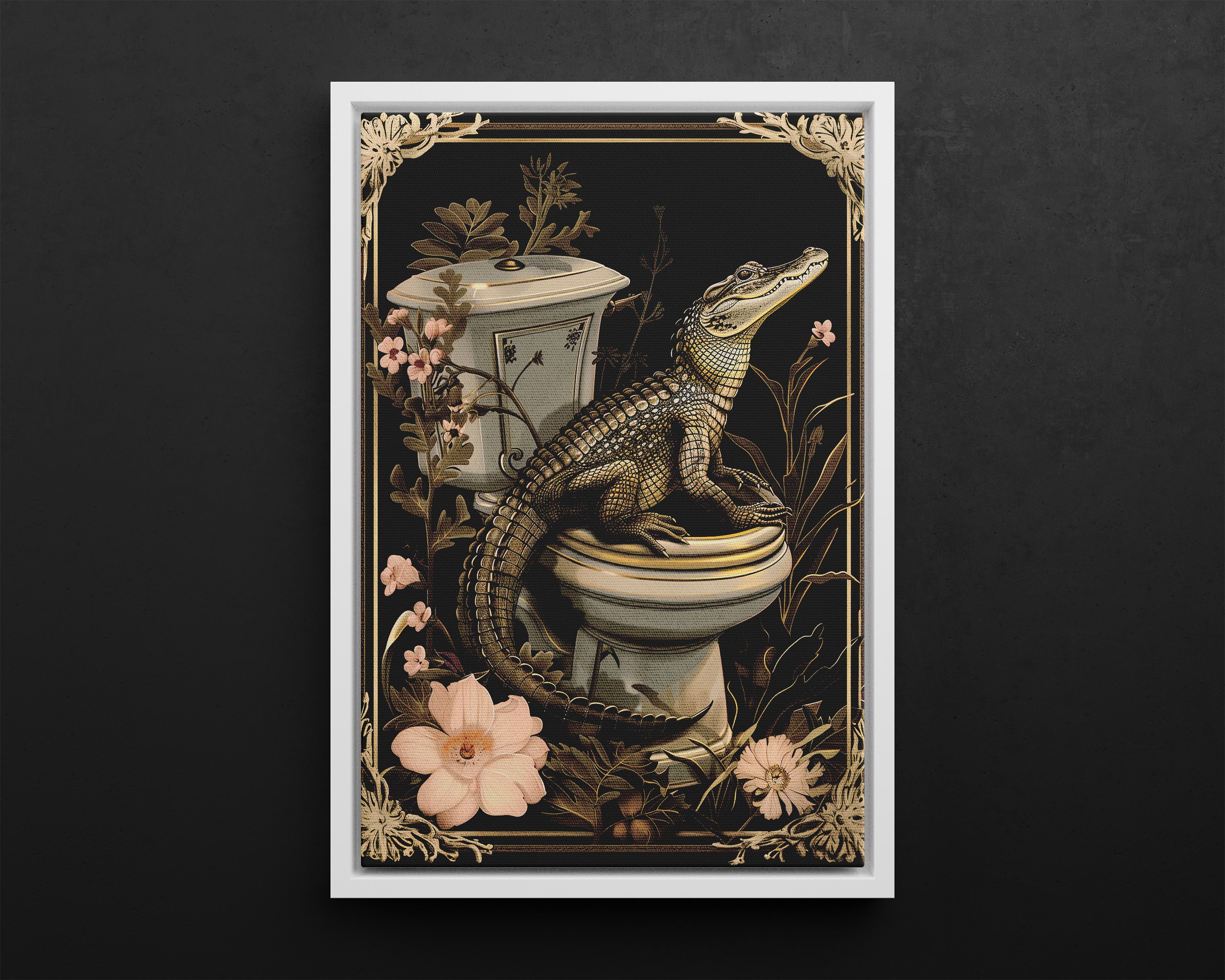 Framed Canvas - Toilet Gator Floral Surprise