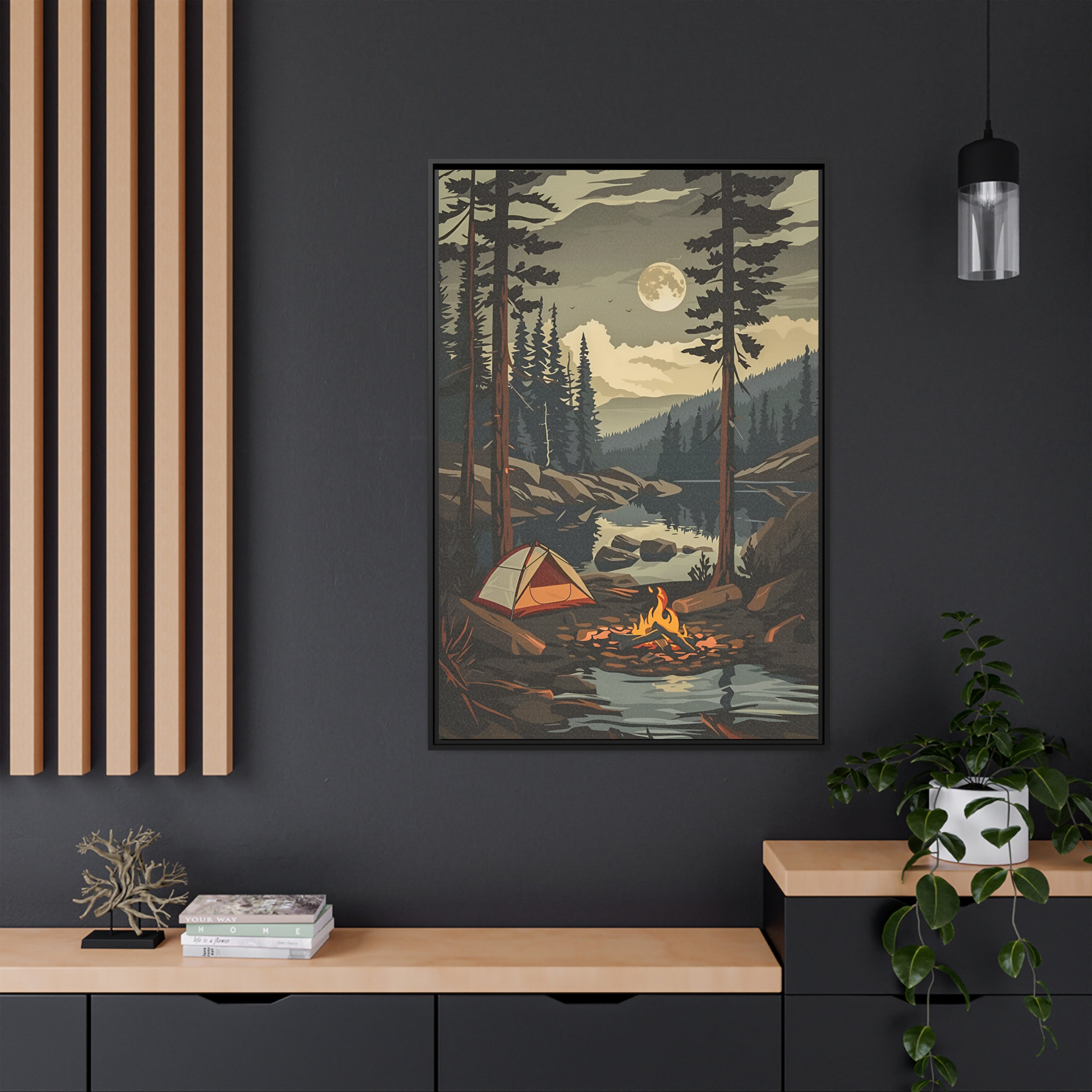 Framed Canvas - Moonlit Campfire Escape