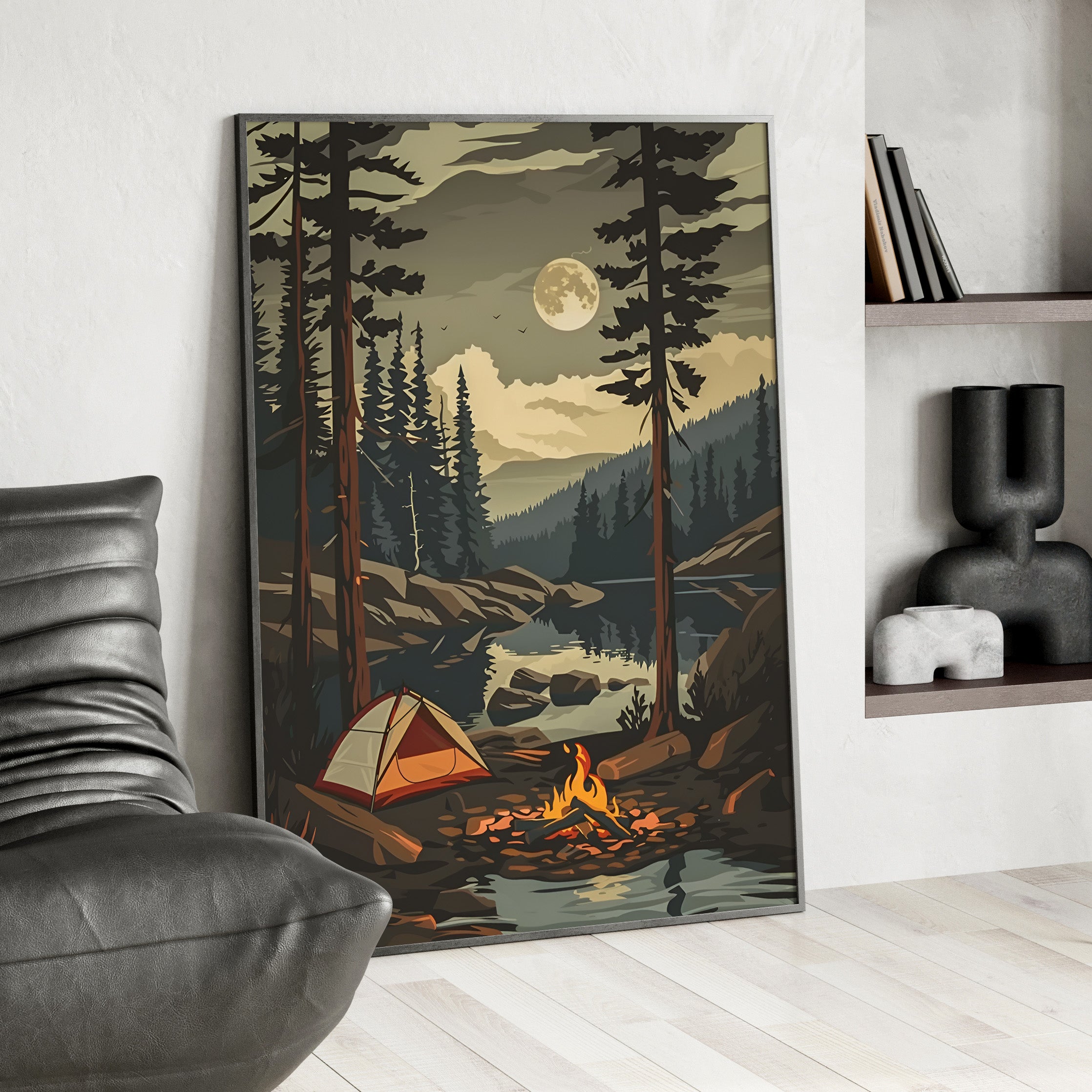 Framed Paper Print - Moonlit Campfire Escape