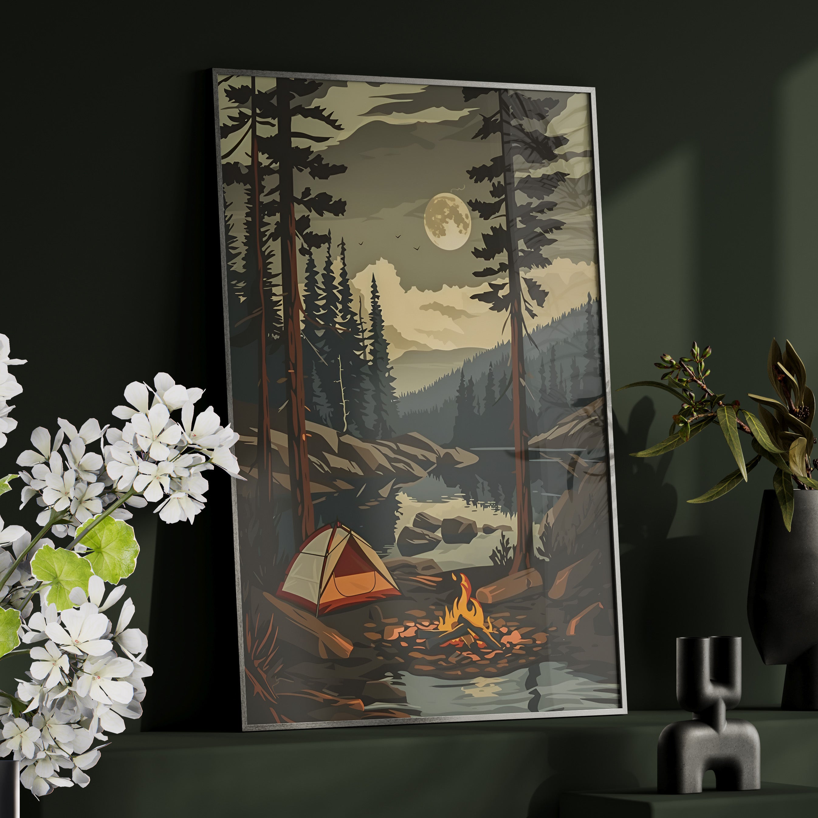 Framed Paper Print - Moonlit Campfire Escape