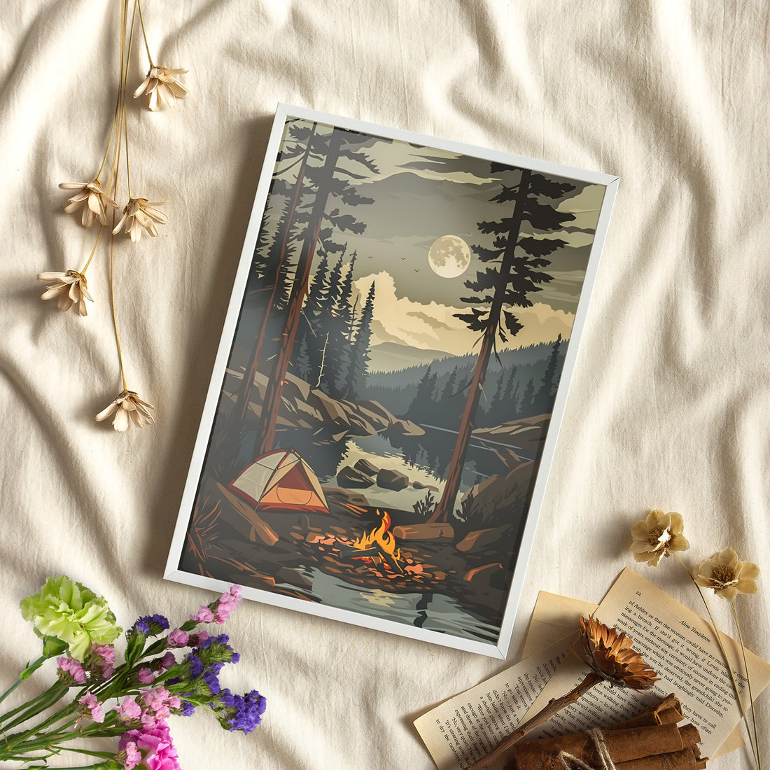 Framed Paper Print - Moonlit Campfire Escape