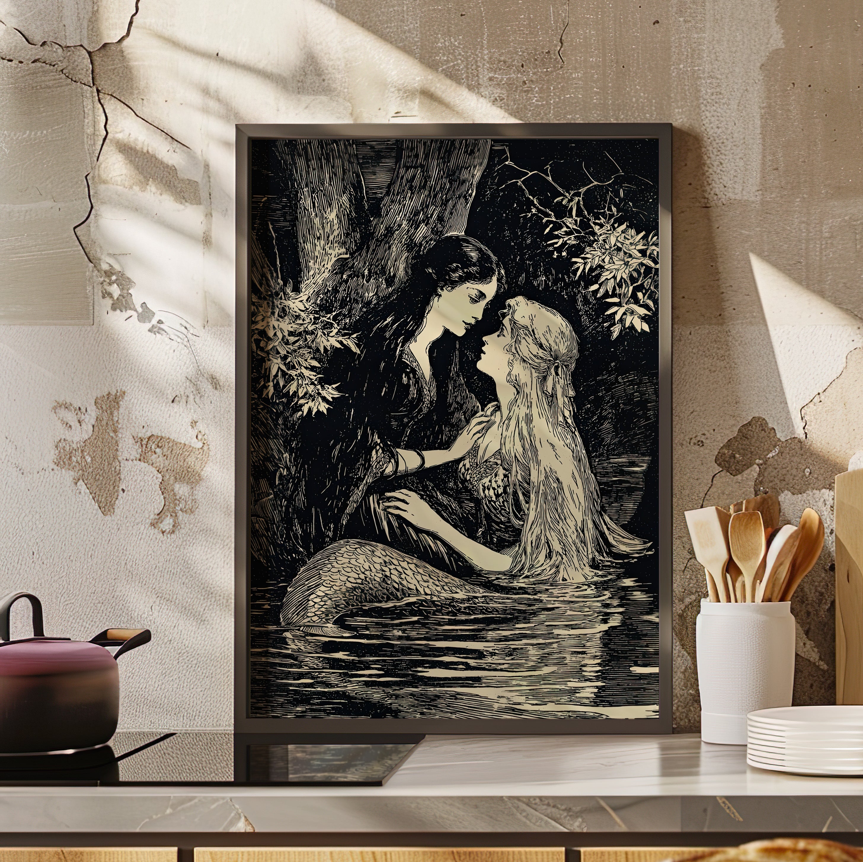Framed Paper Print - Mermaid Fairy Midnight Kiss