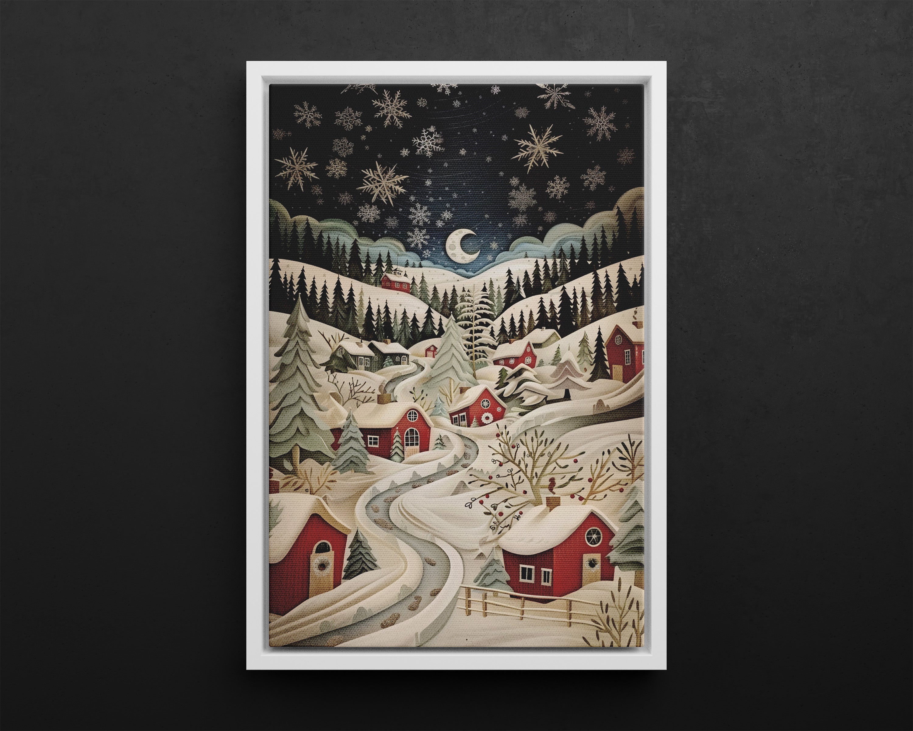 Framed Canvas - Silent Snowfall Village
