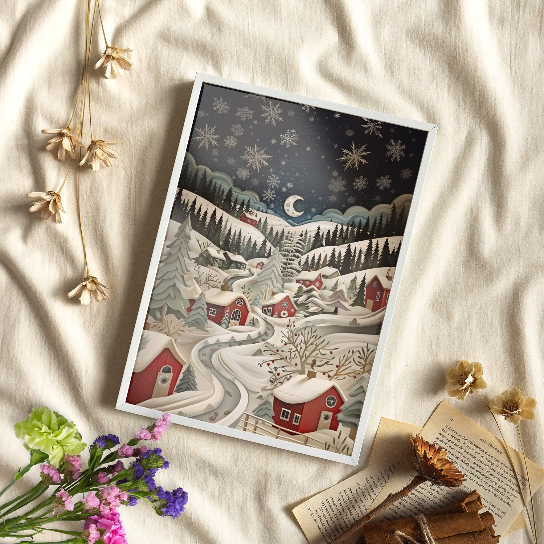 Framed Paper Print - Silent Snowfall Village