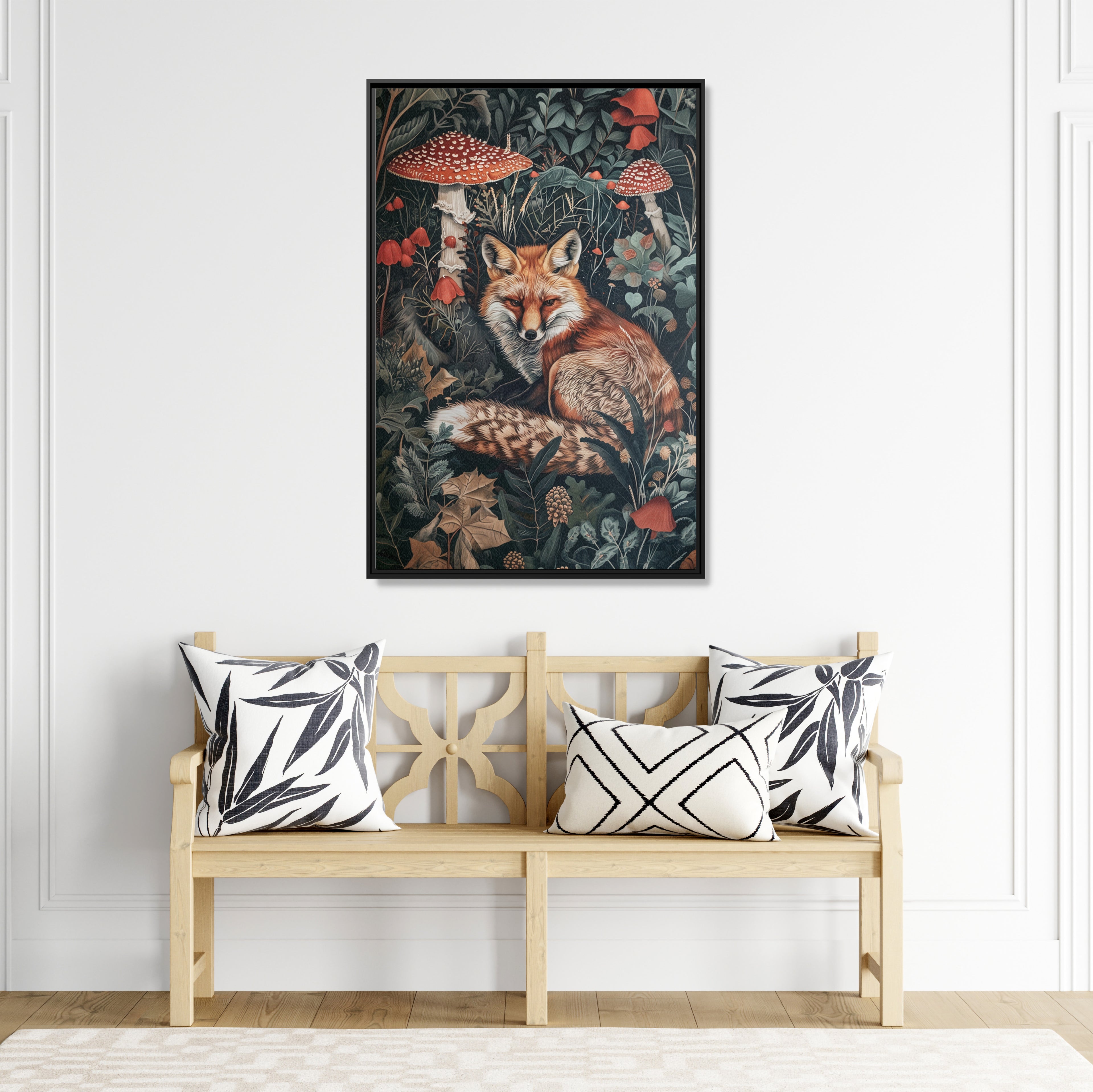 Framed Canvas - Forest Fox with Mushrooms