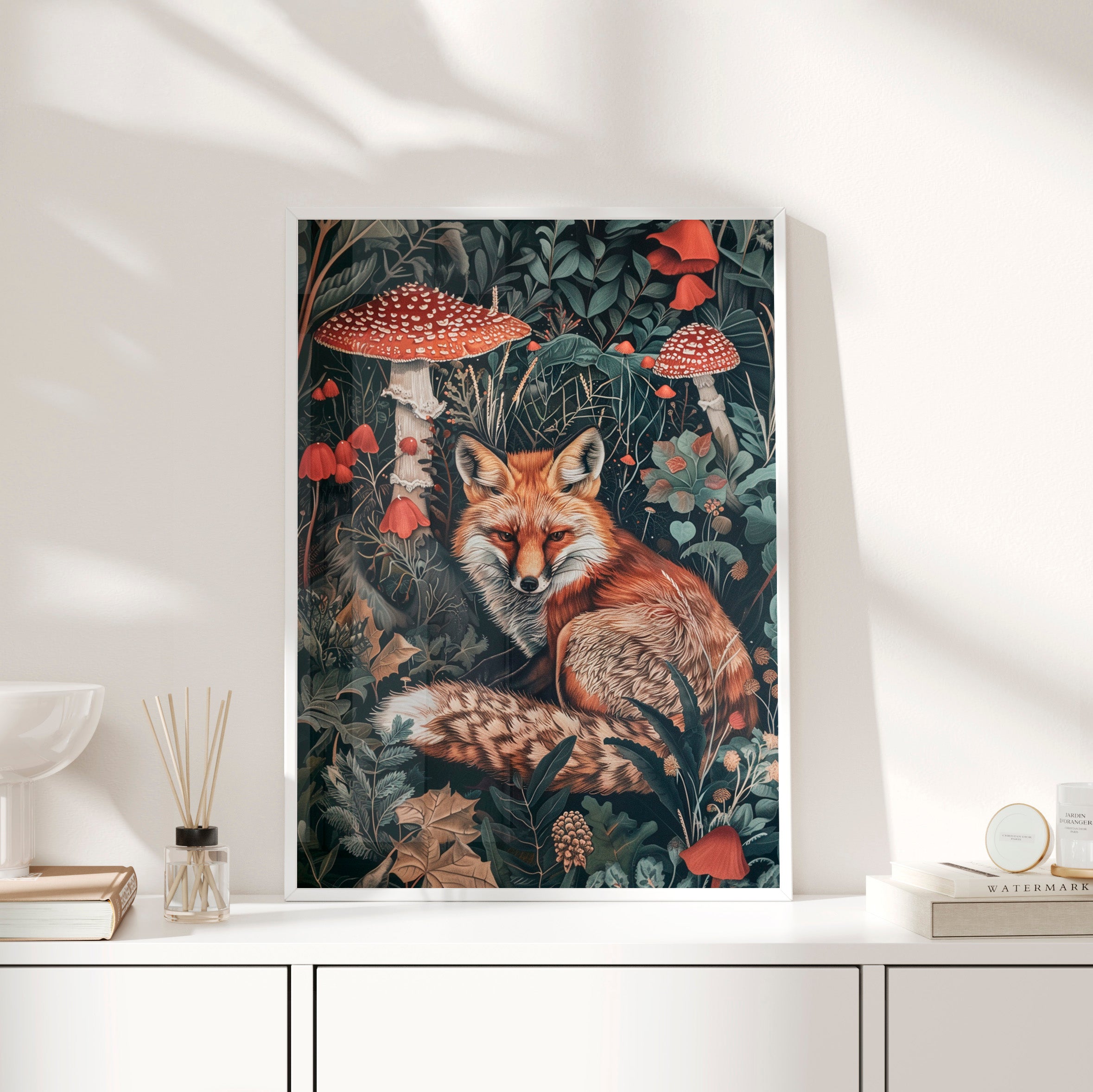 Framed Paper Print - Forest Fox with Mushrooms