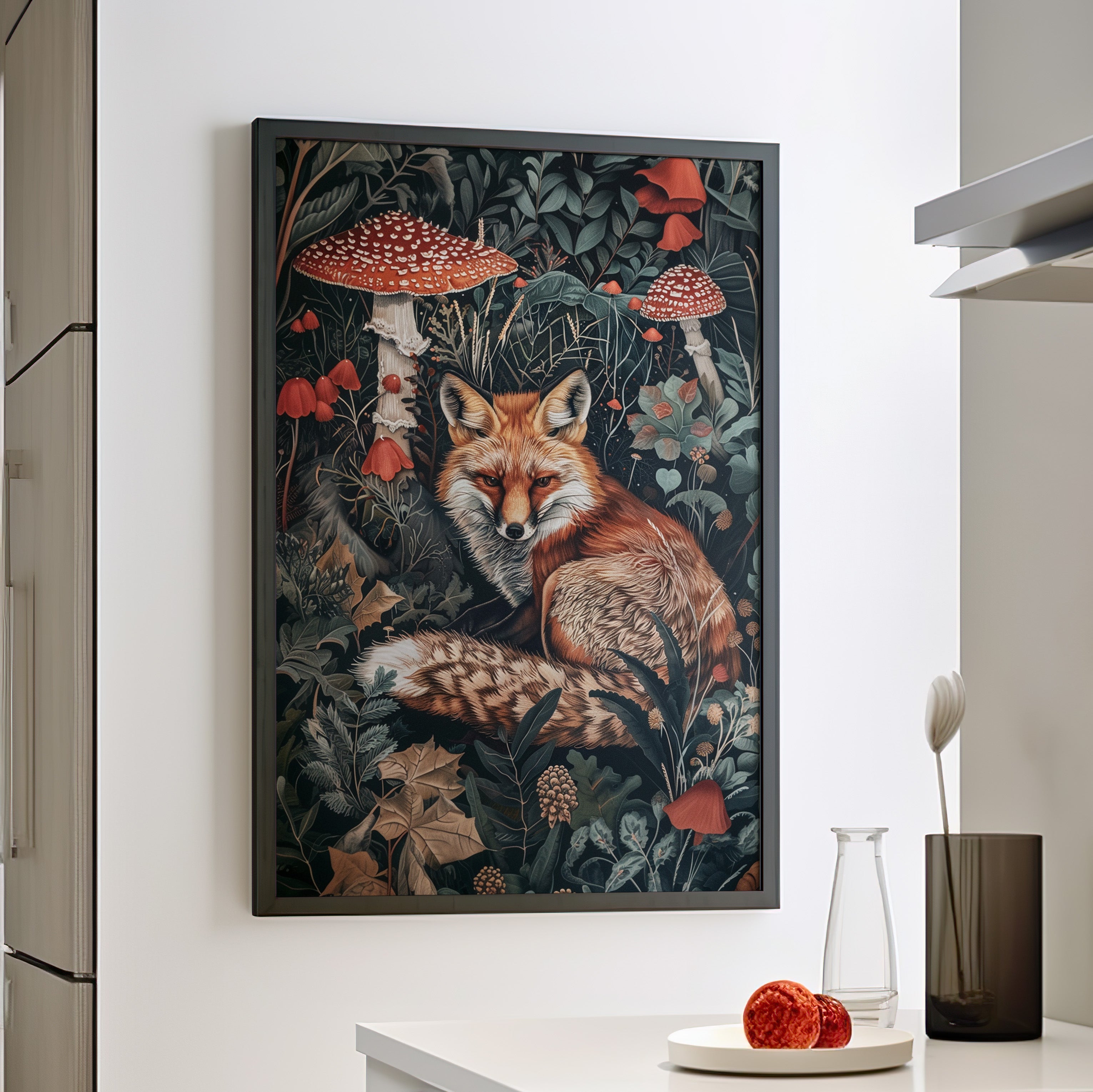 Framed Paper Print - Forest Fox with Mushrooms
