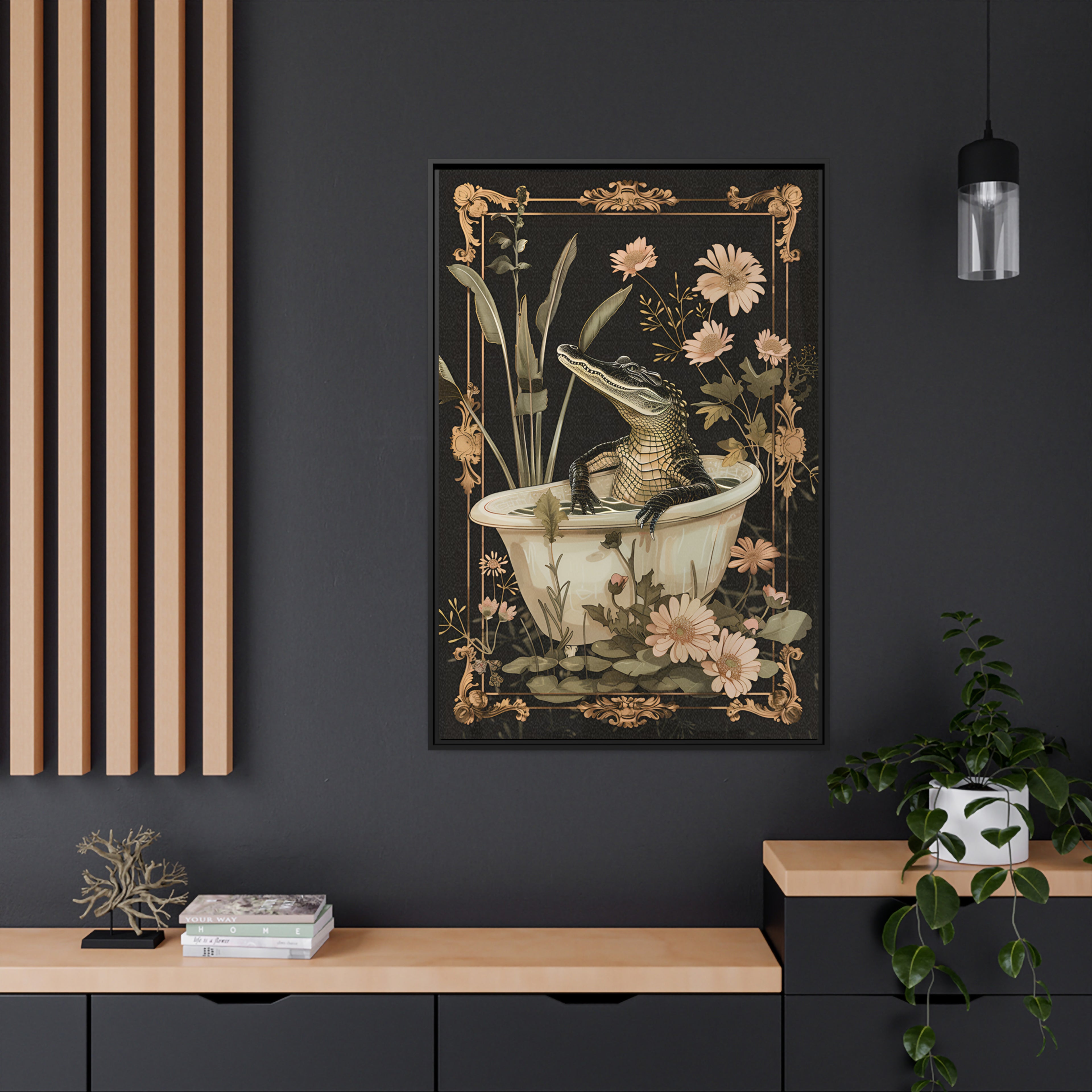 Framed Canvas - Crocodile in Bloom Bath Bliss