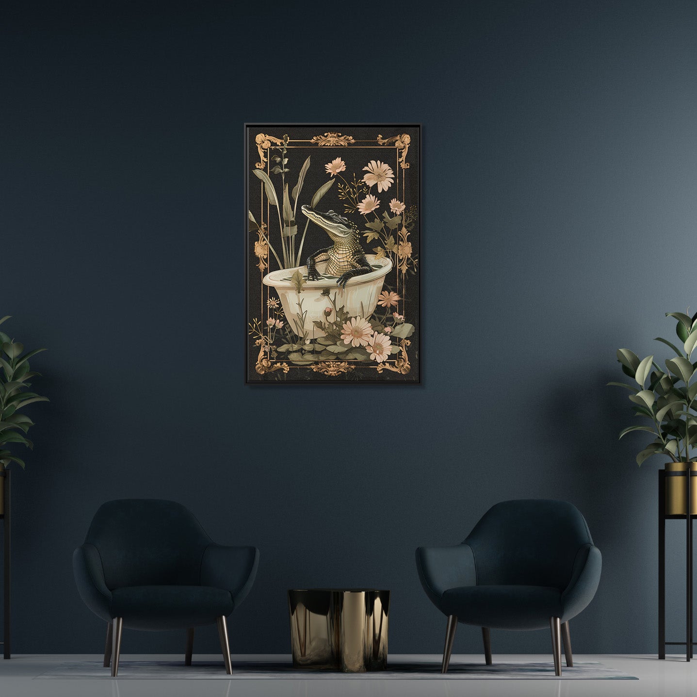 Framed Canvas - Crocodile in Bloom Bath Bliss