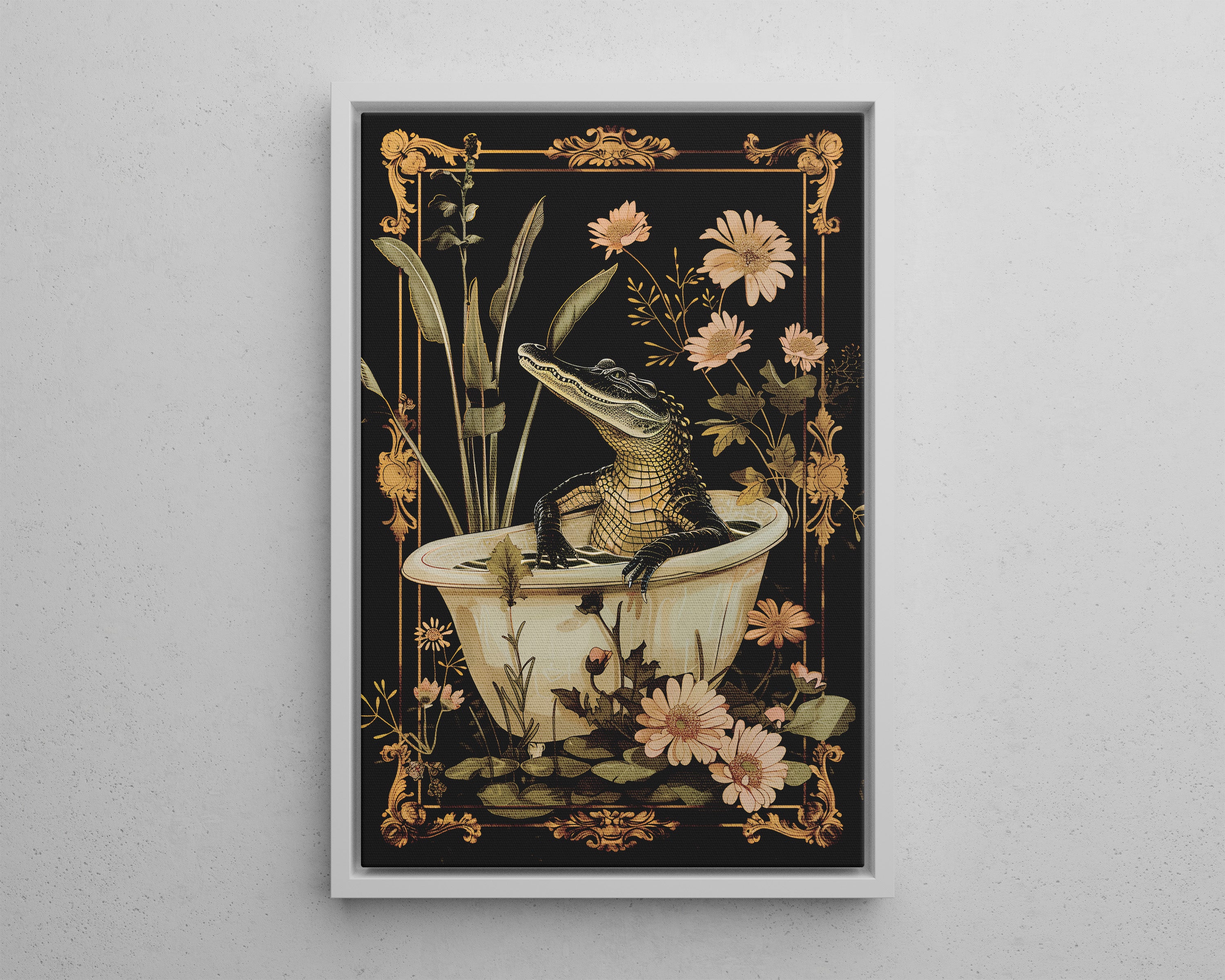 Framed Canvas - Crocodile in Bloom Bath Bliss