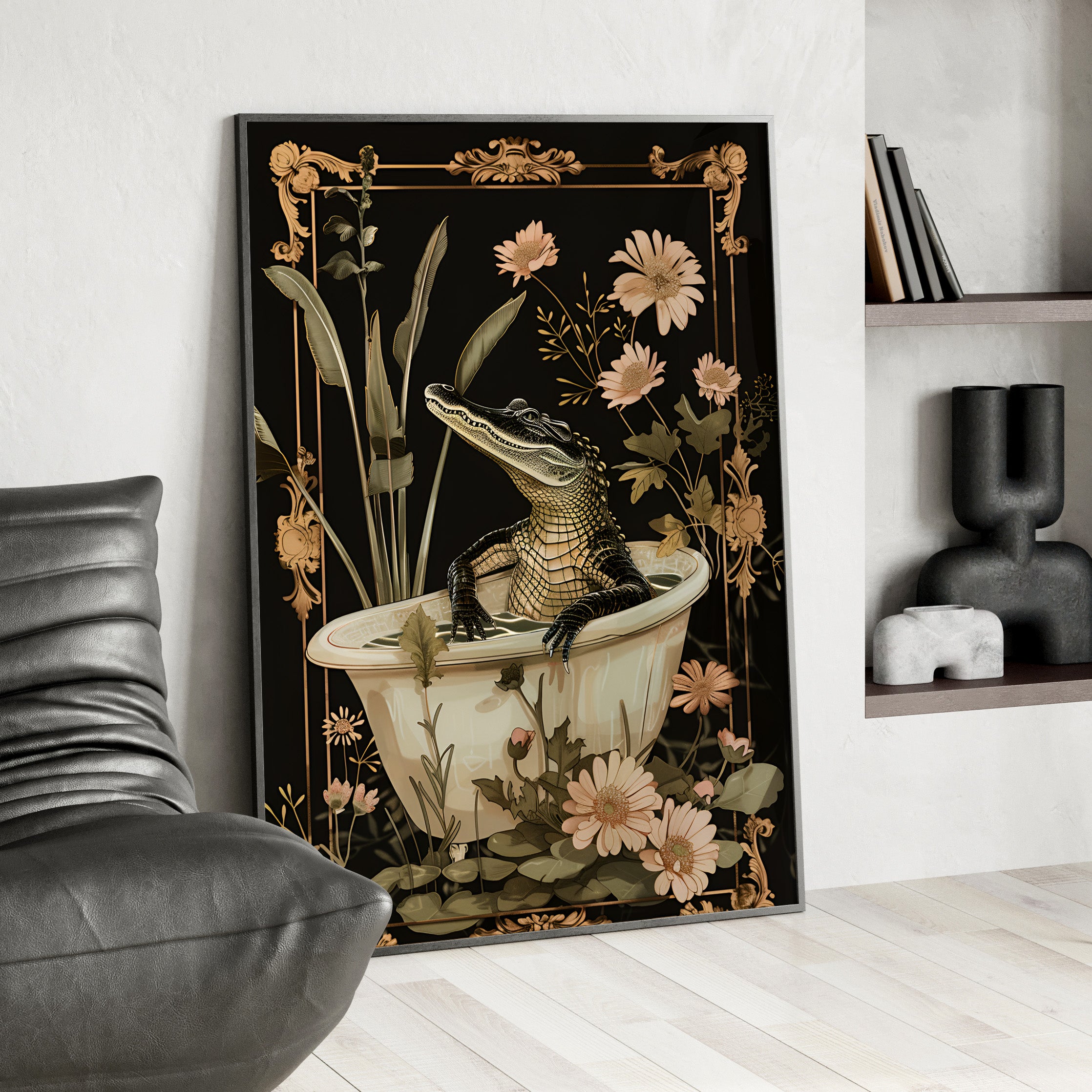 Framed Paper Print - Crocodile in Bloom Bath Bliss