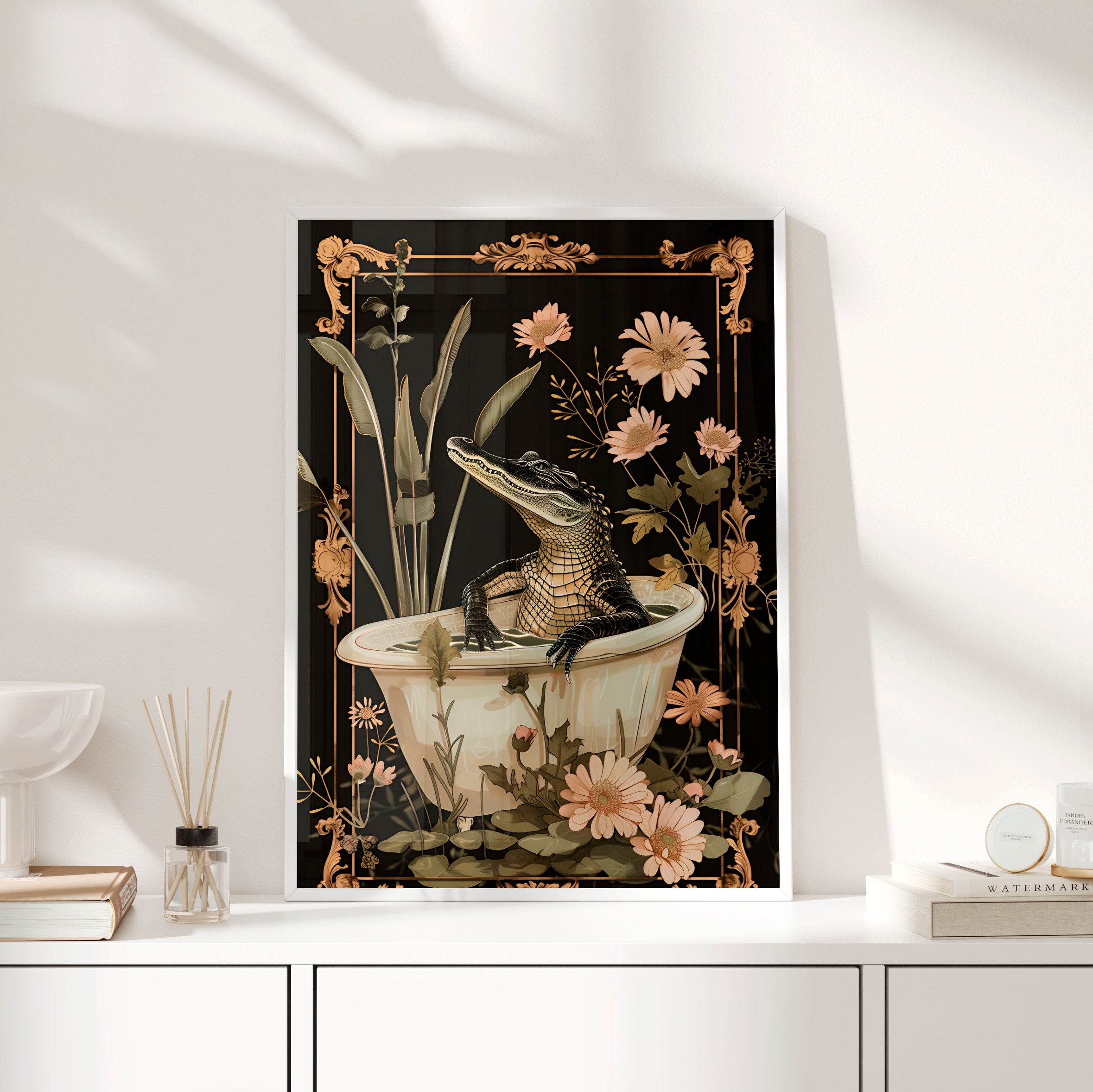 Framed Paper Print - Crocodile in Bloom Bath Bliss