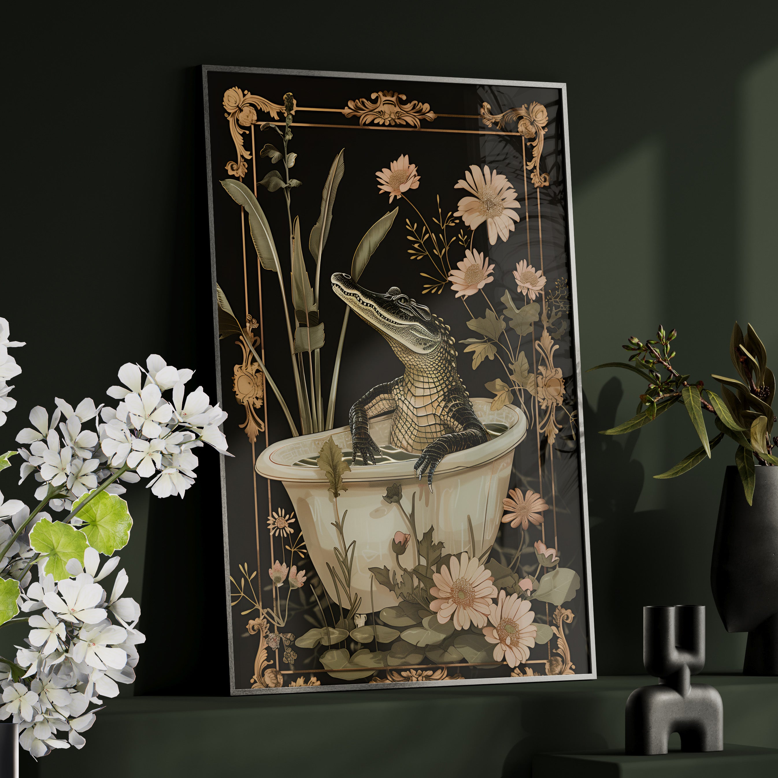 Framed Paper Print - Crocodile in Bloom Bath Bliss
