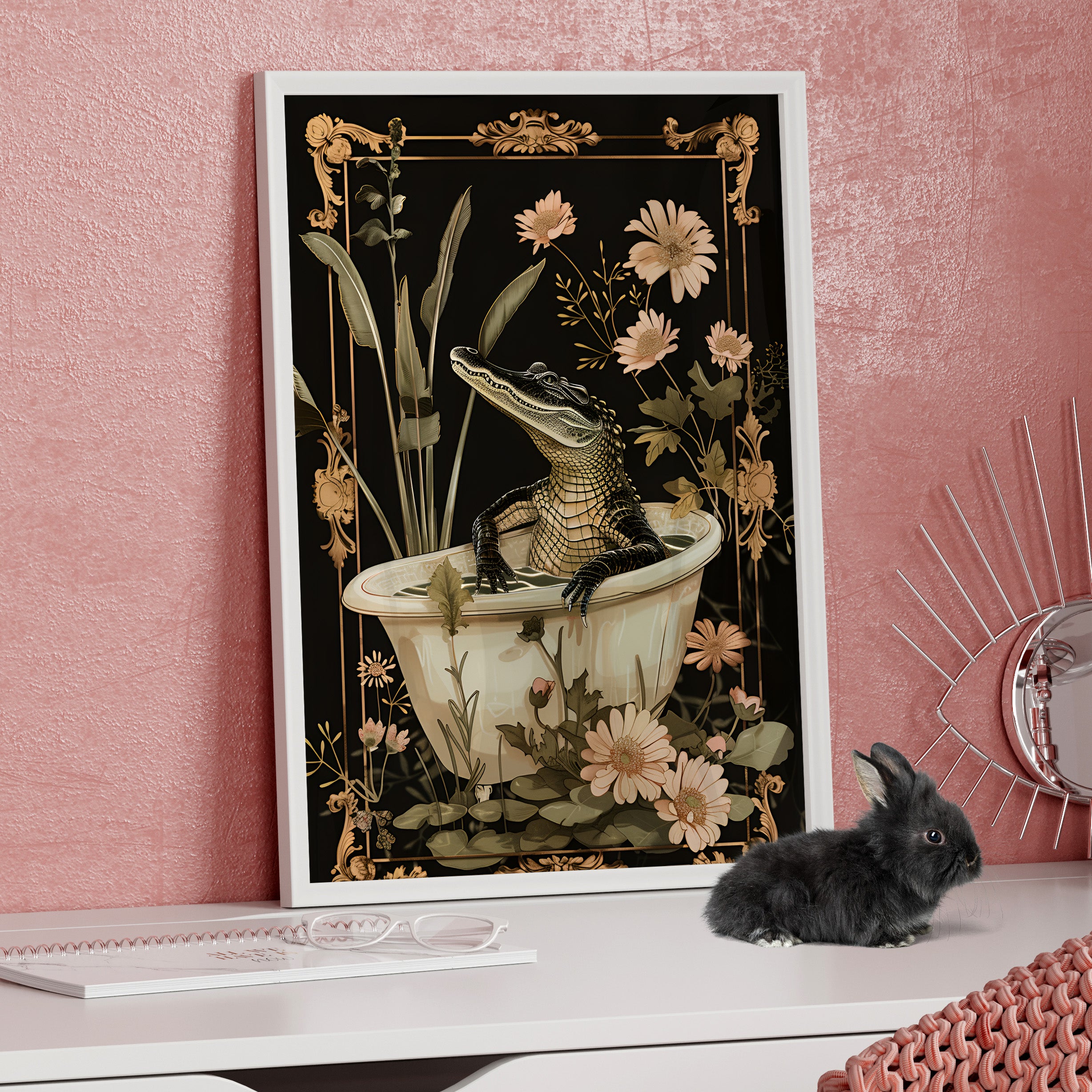 Framed Paper Print - Crocodile in Bloom Bath Bliss