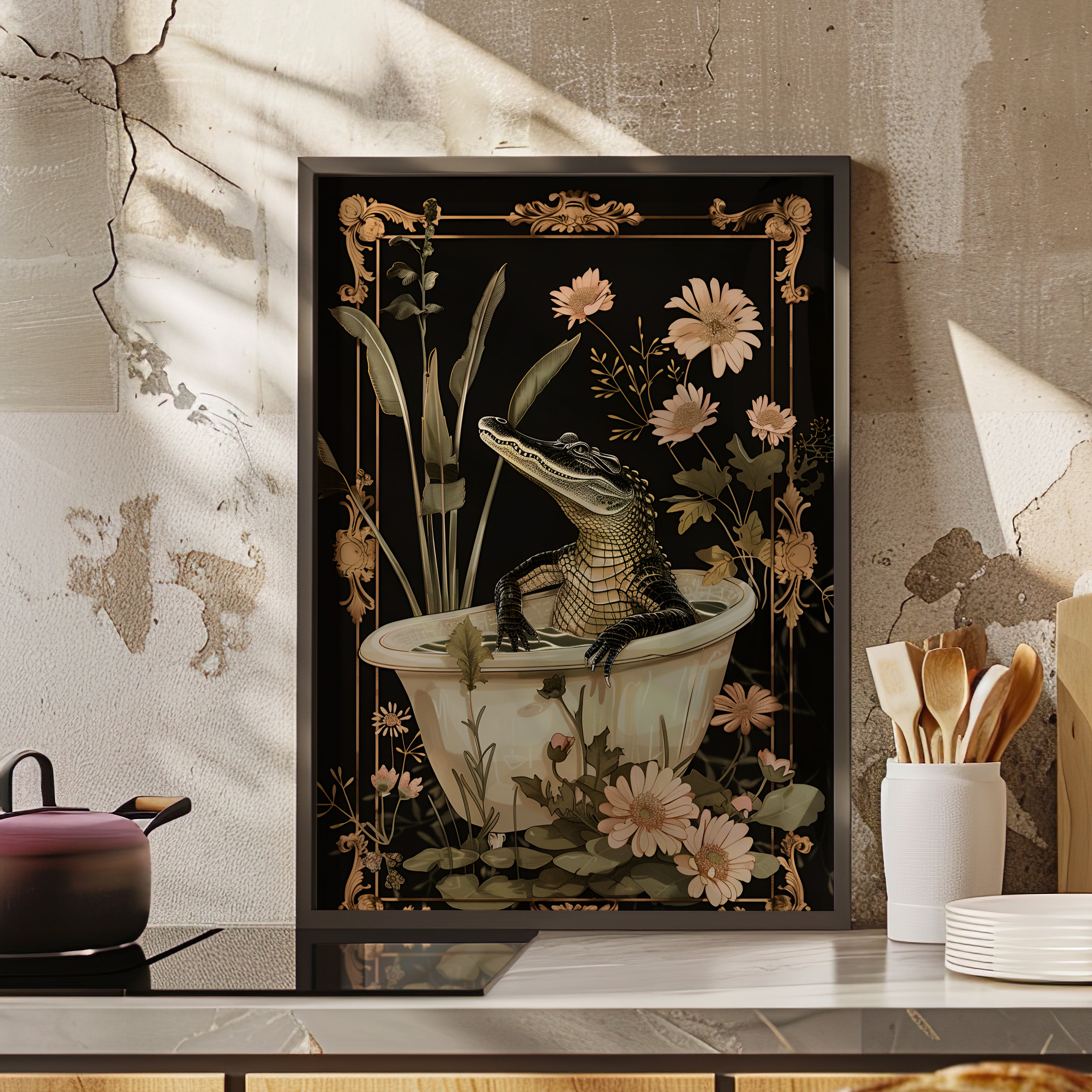 Framed Paper Print - Crocodile in Bloom Bath Bliss