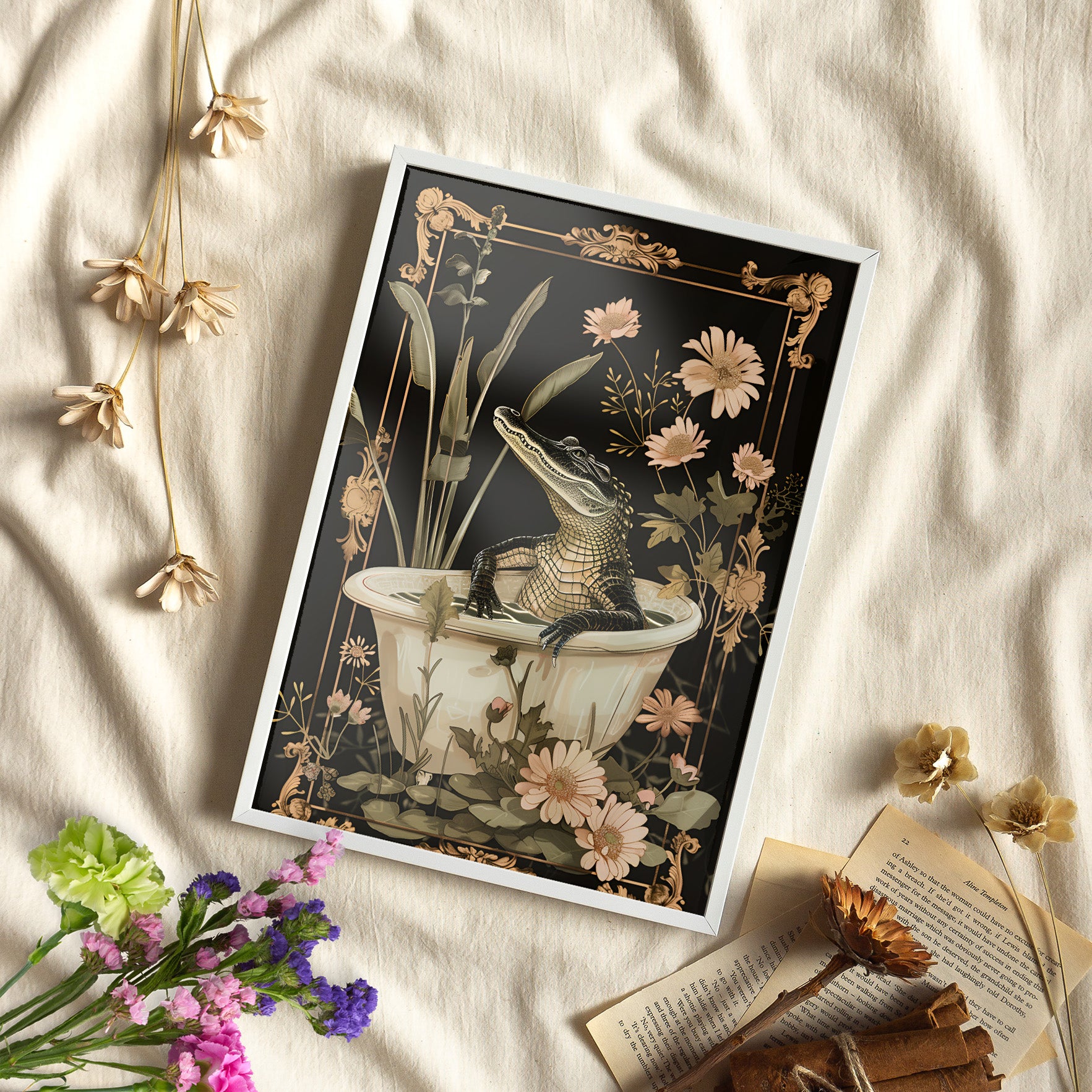 Framed Paper Print - Crocodile in Bloom Bath Bliss