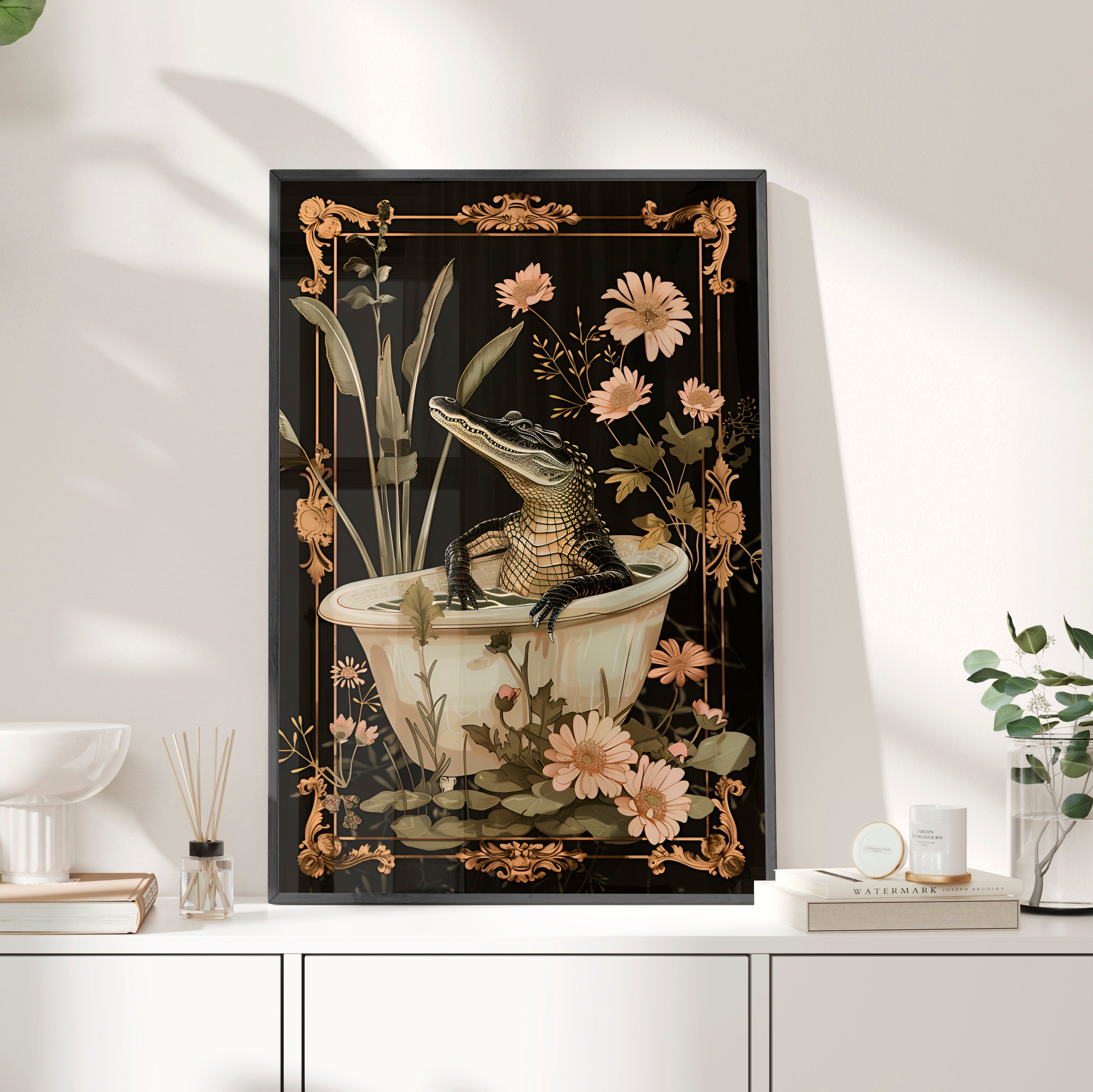 Framed Paper Print - Crocodile in Bloom Bath Bliss