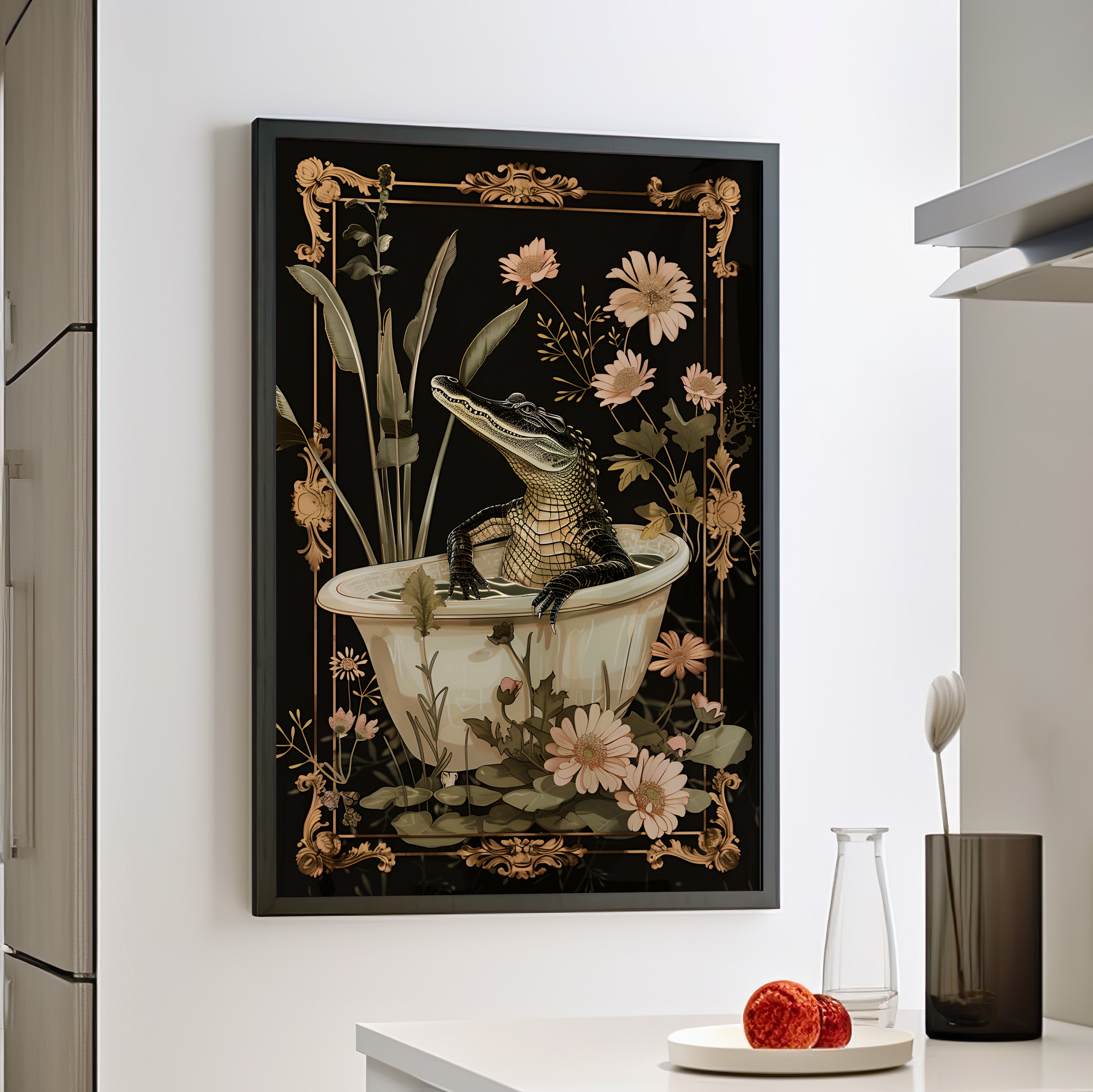 Framed Paper Print - Crocodile in Bloom Bath Bliss