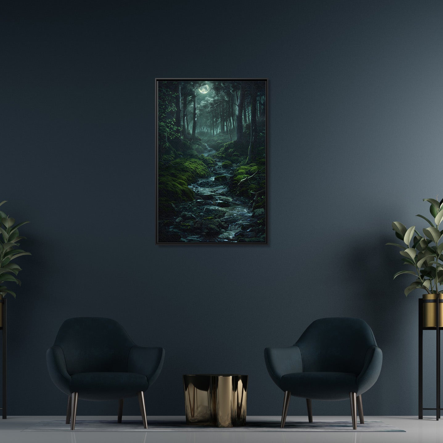Framed Canvas - Moonlit Forest Stream