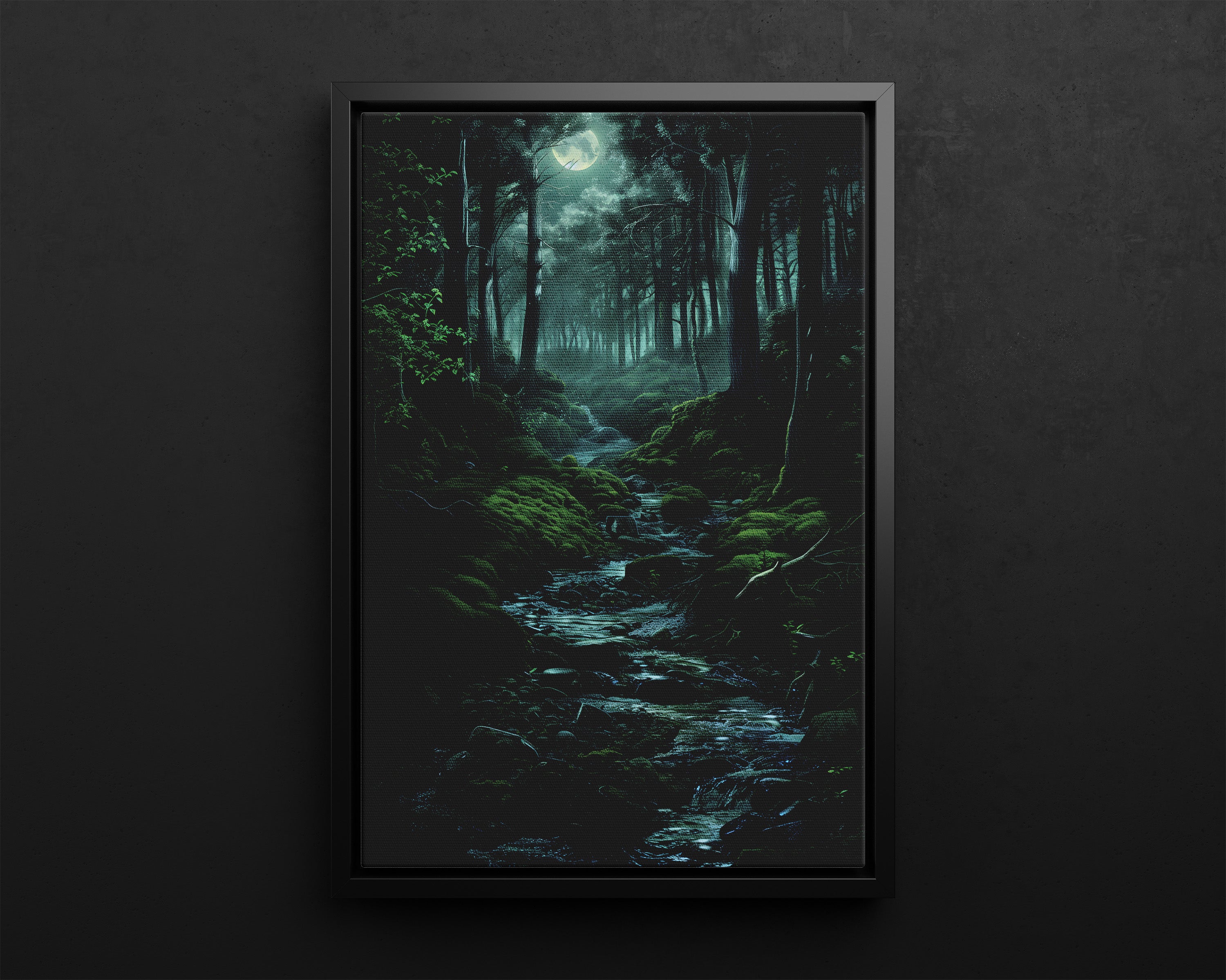 Framed Canvas - Moonlit Forest Stream