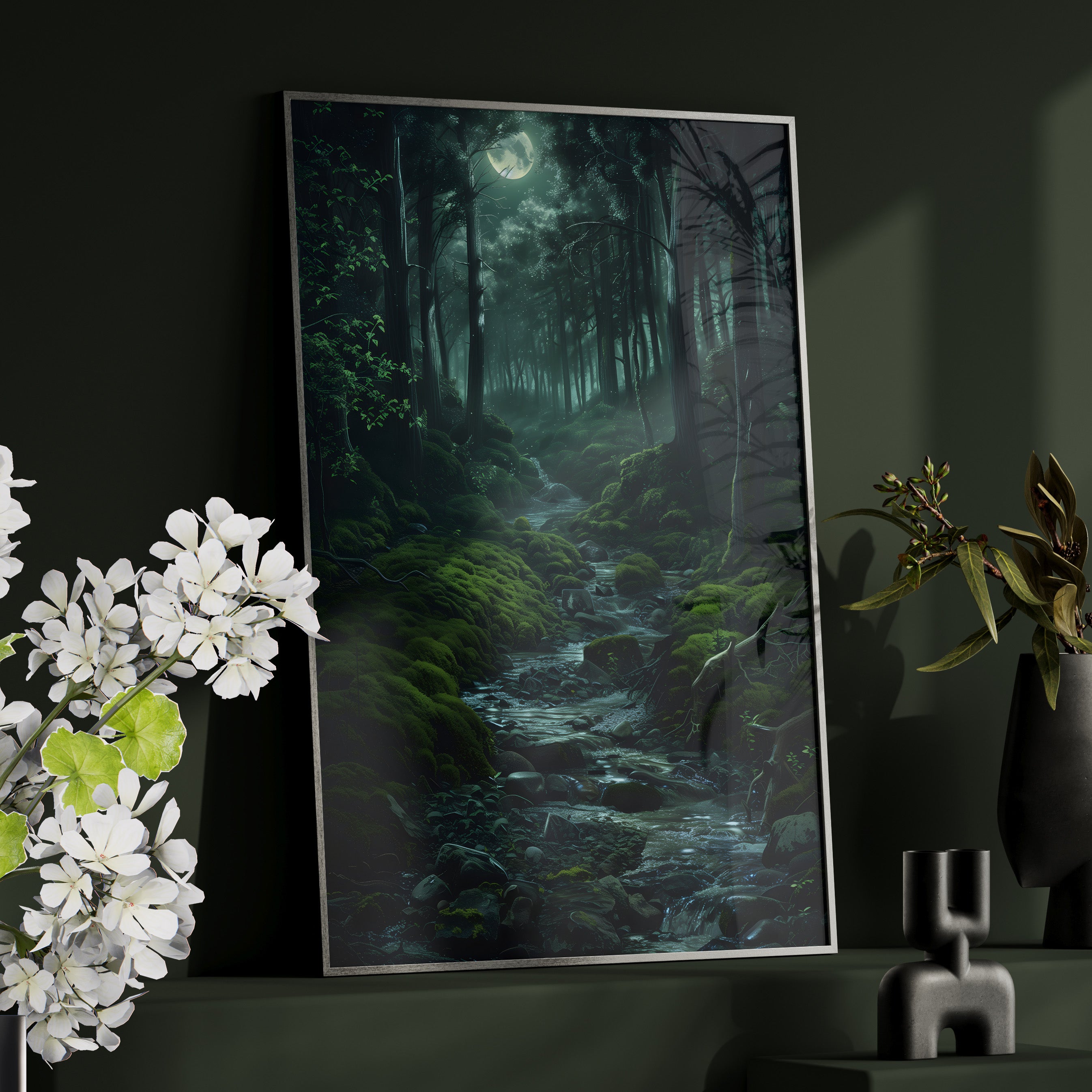 Framed Paper Print - Moonlit Forest Stream