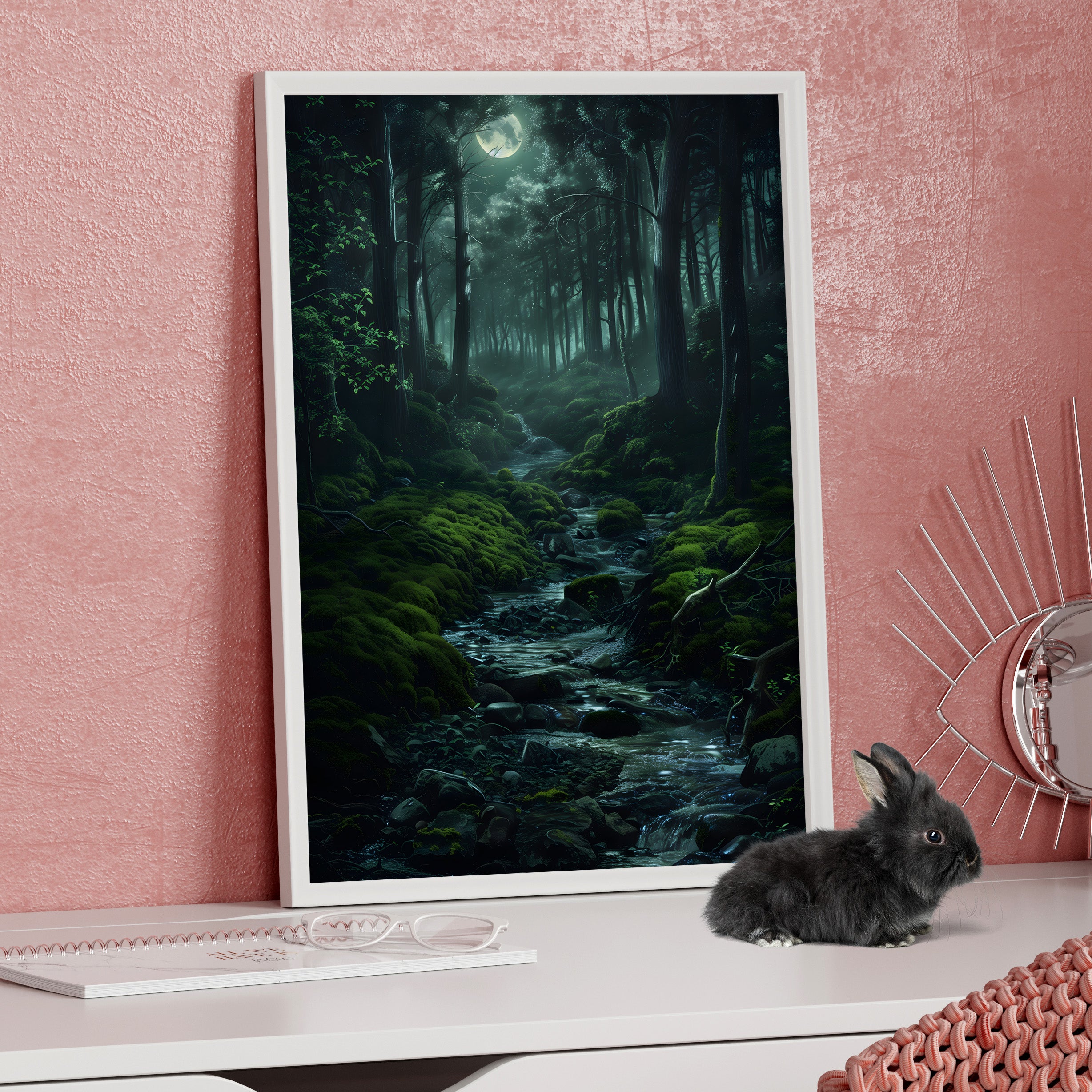 Framed Paper Print - Moonlit Forest Stream