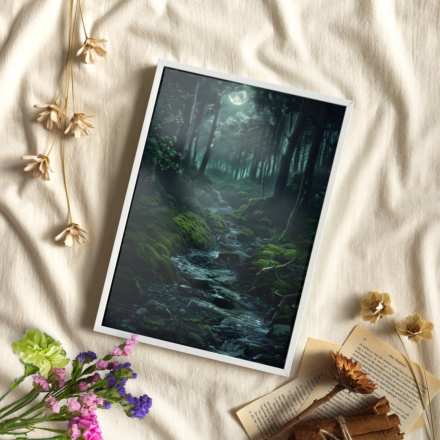Framed Paper Print - Moonlit Forest Stream
