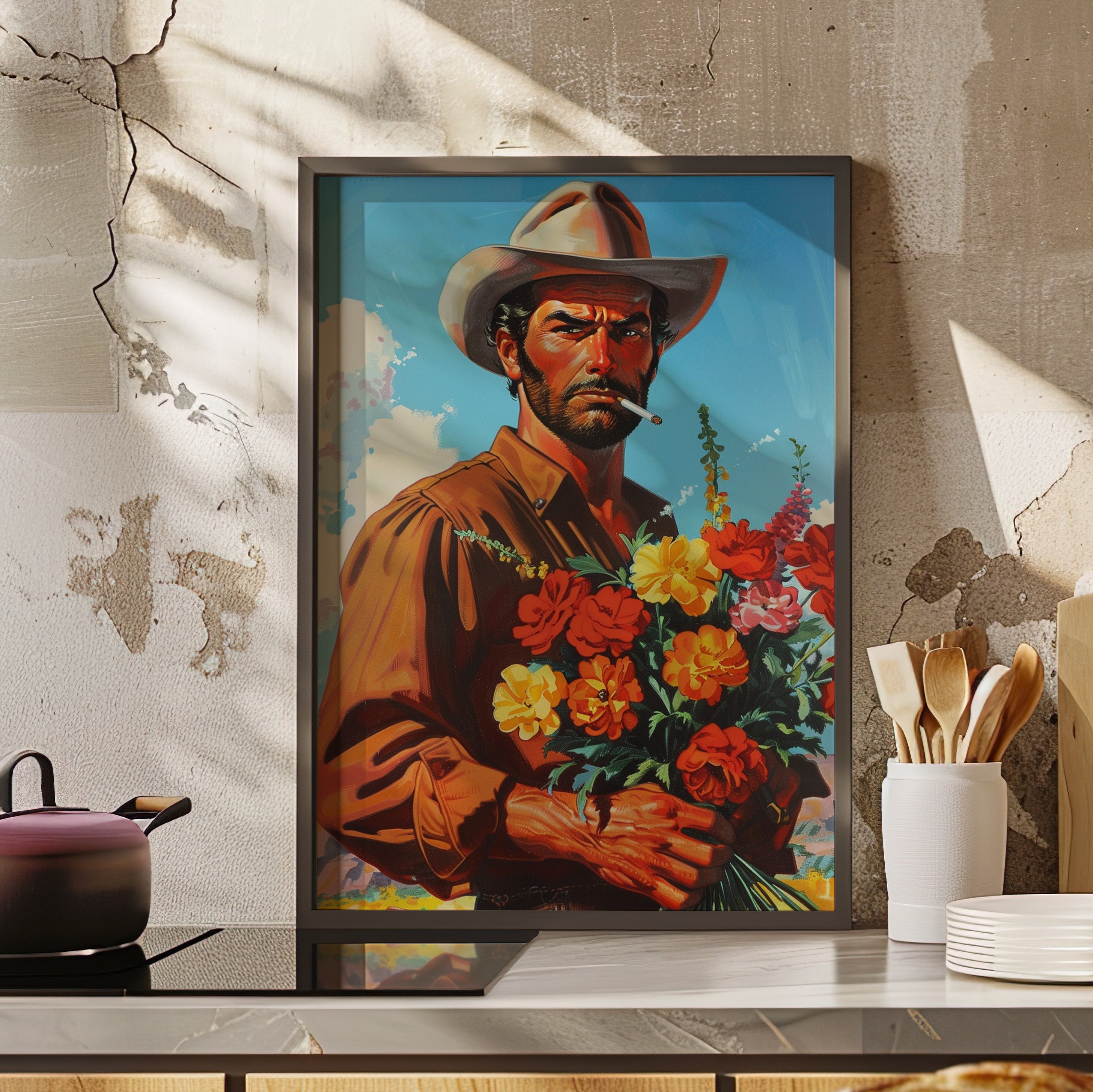 Framed Paper Print - Rugged Blooms Cowboy