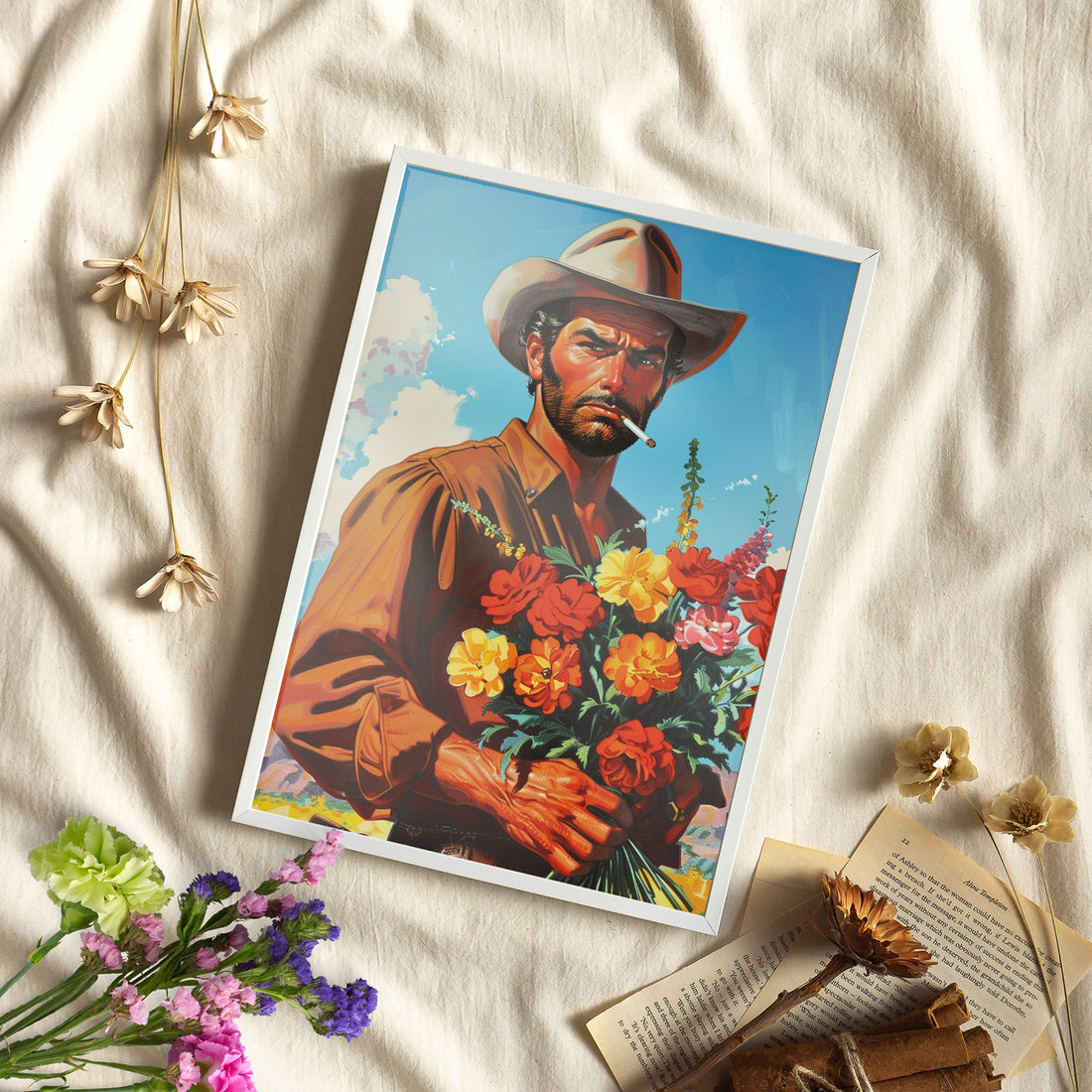 Framed Paper Print - Rugged Blooms Cowboy