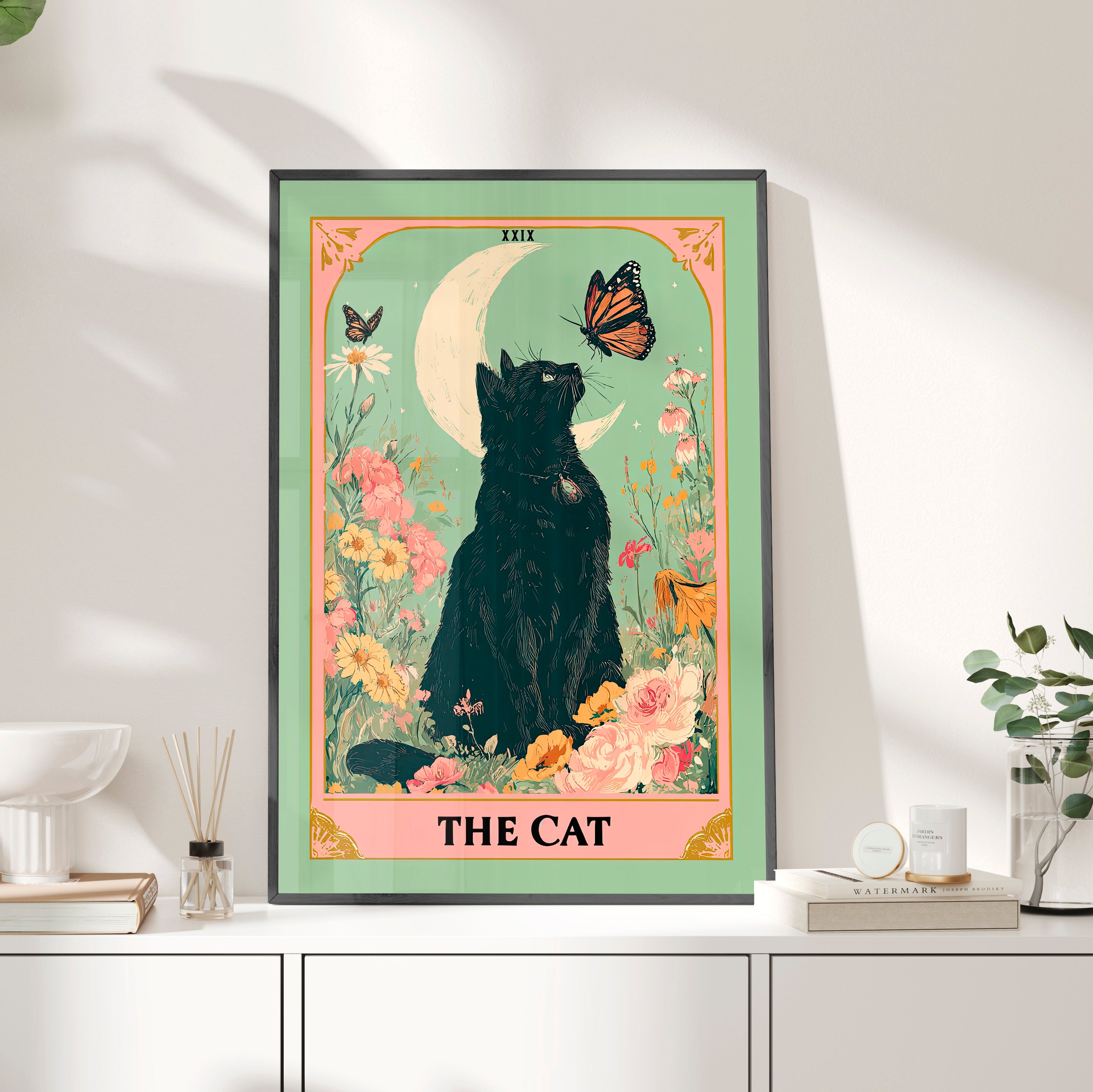 Framed Paper Print - Moonlight Familiar Tarot Cat
