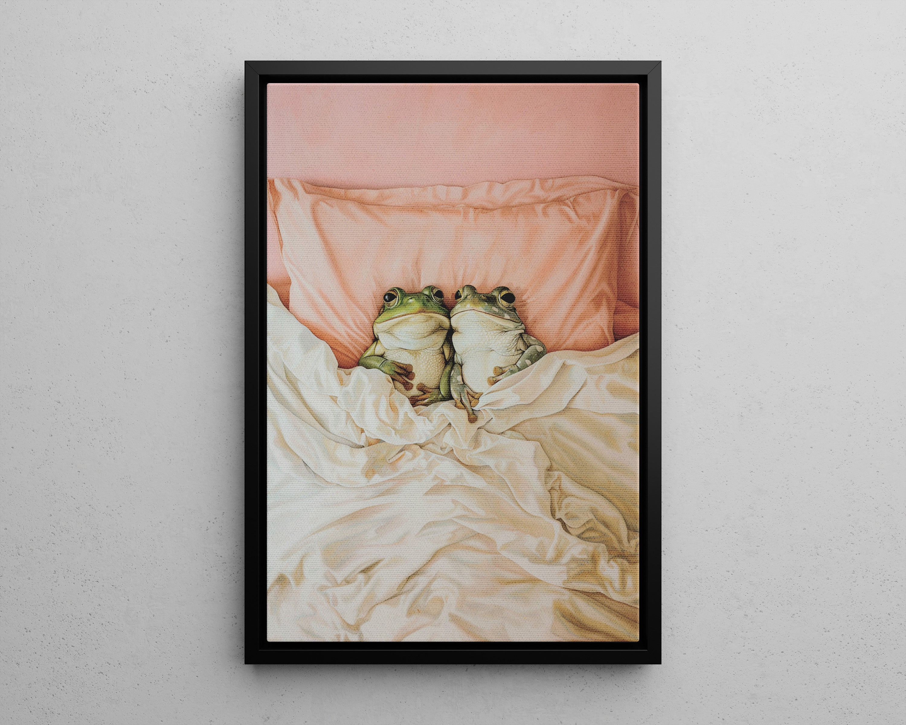 Framed Canvas - Cozy Frogs Romantic Bliss