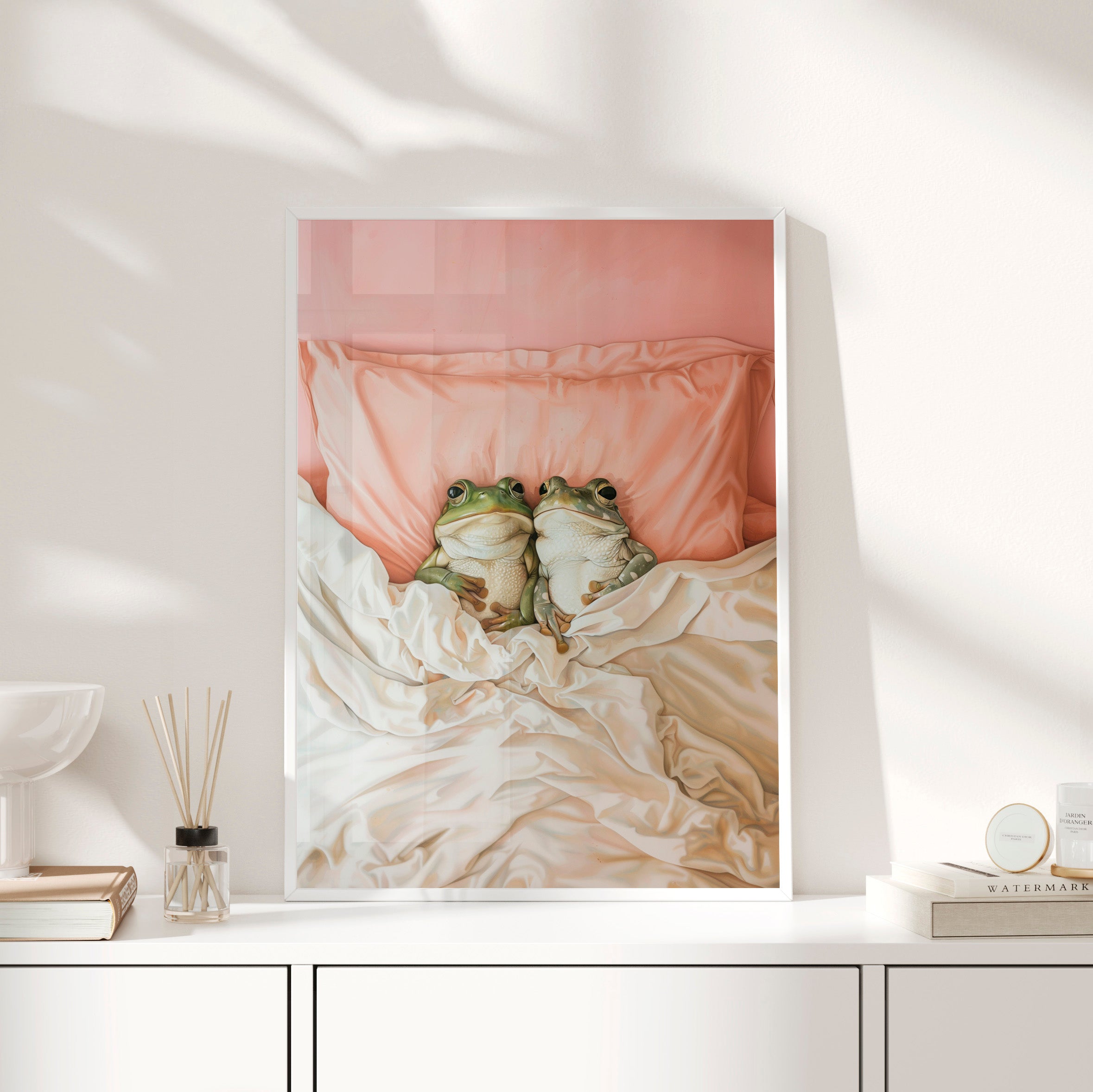 Framed Paper Print - Cozy Frogs Romantic Bliss