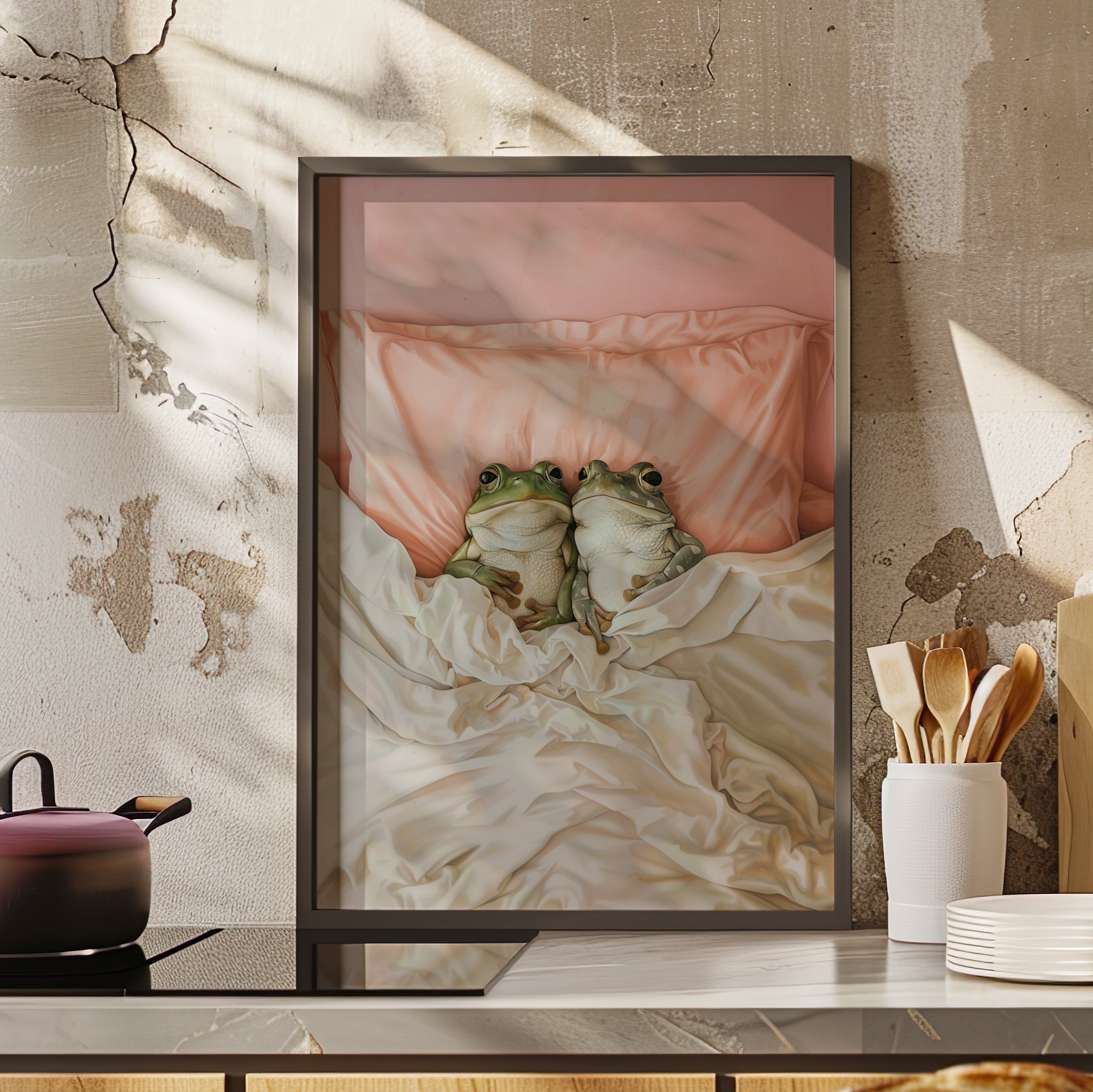 Framed Paper Print - Cozy Frogs Romantic Bliss