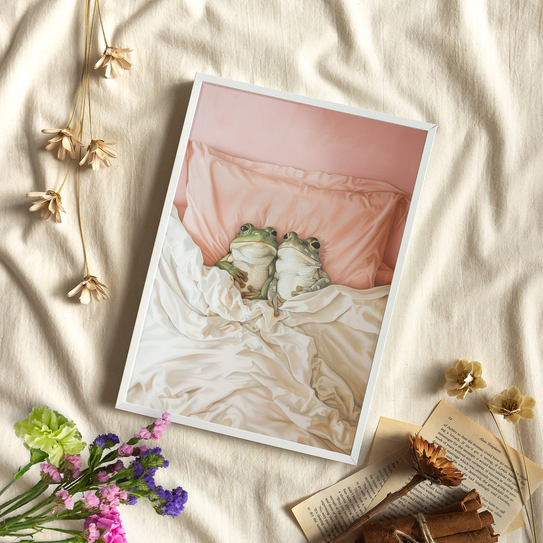 Framed Paper Print - Cozy Frogs Romantic Bliss