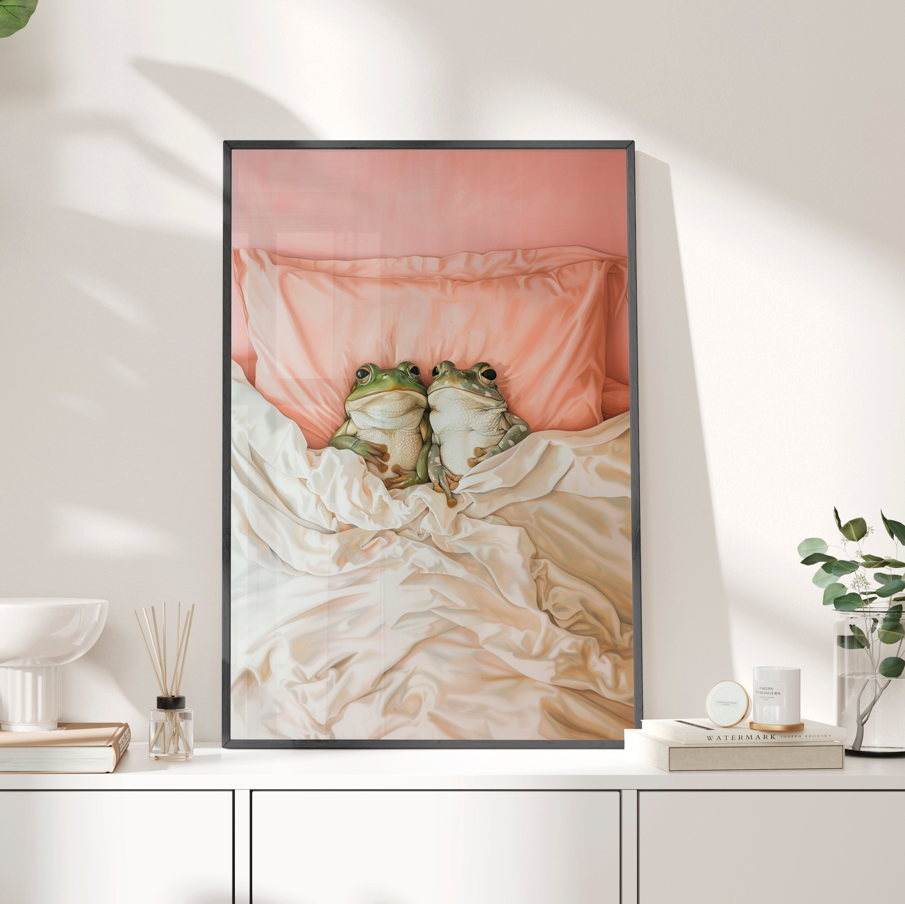 Framed Paper Print - Cozy Frogs Romantic Bliss