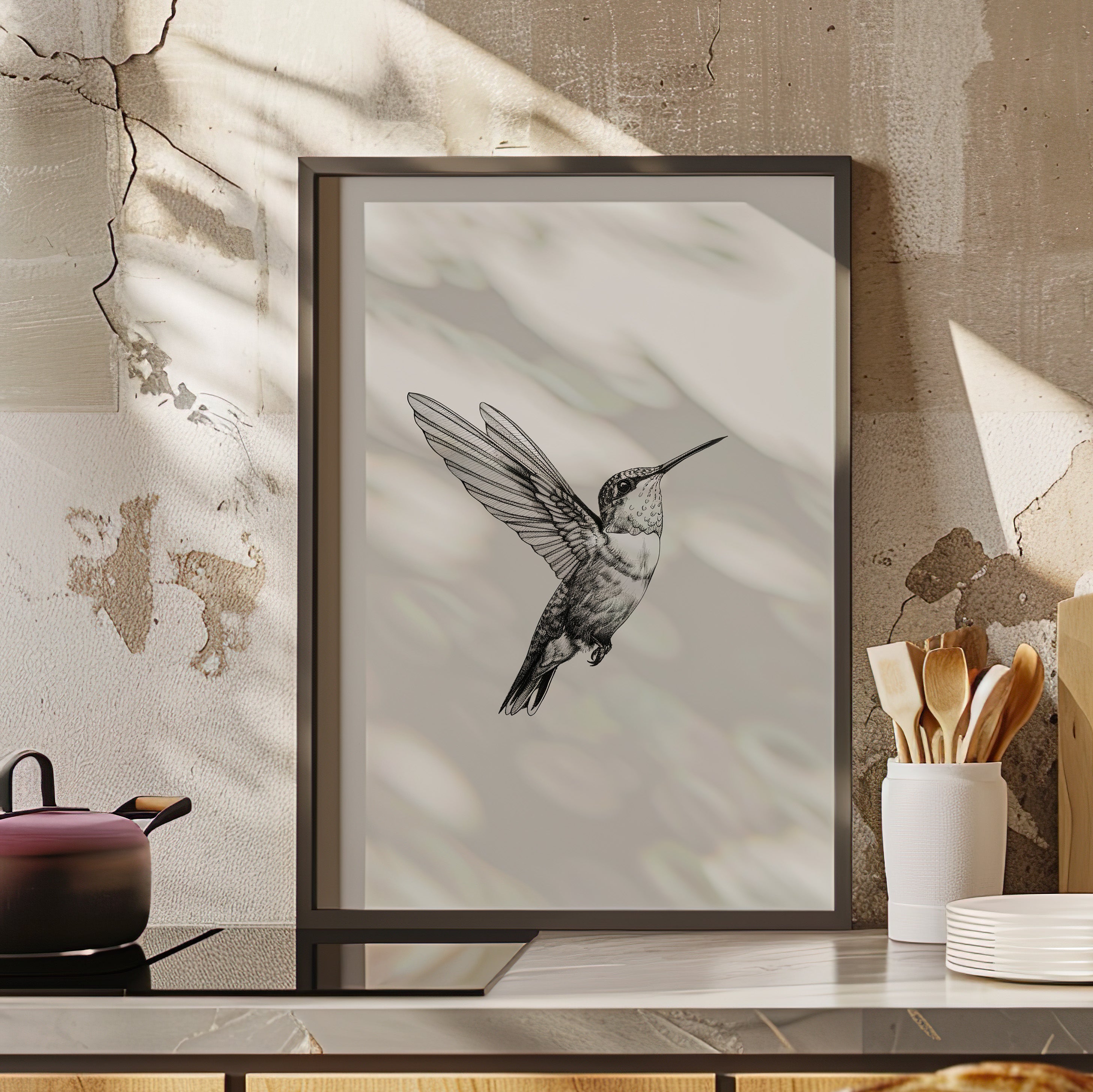 Framed Paper Print - Flying Hummingbird Line Study