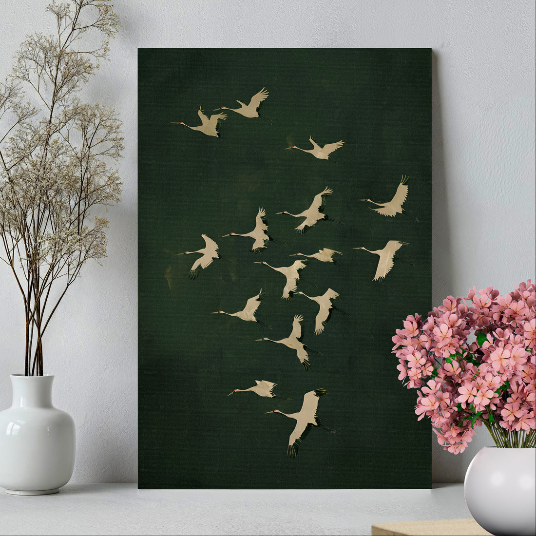 .75" Matte Canvas - Emerald Sky Japanese Cranes