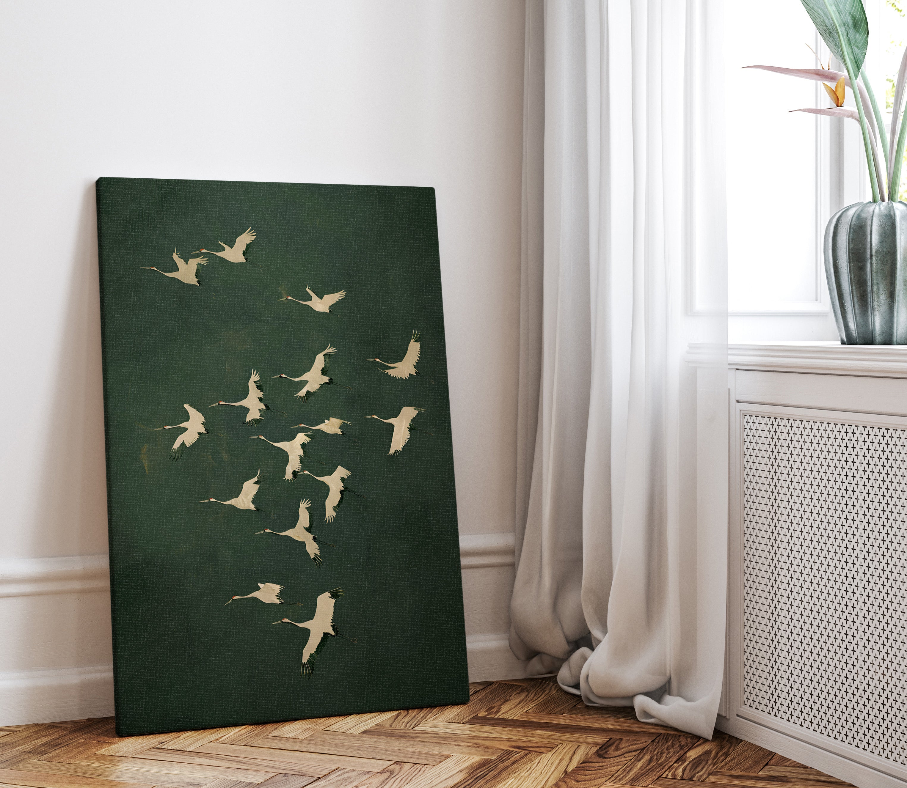 .75" Matte Canvas - Emerald Sky Japanese Cranes